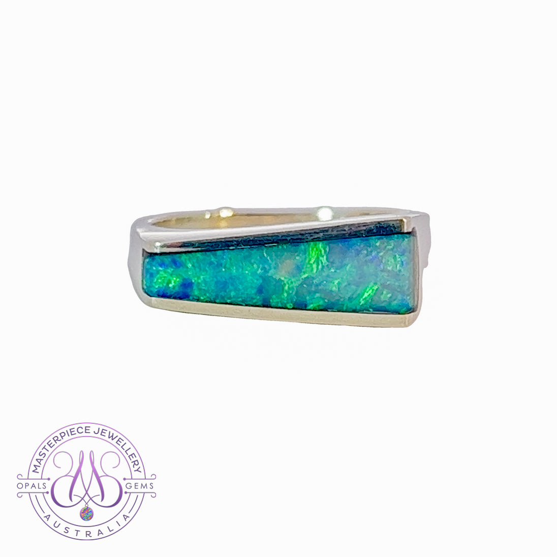 Sterling Silver Opal rectangular channel set ring Blue Green colour - Masterpiece Jewellery Opal & Gems Sydney Australia | Online Shop