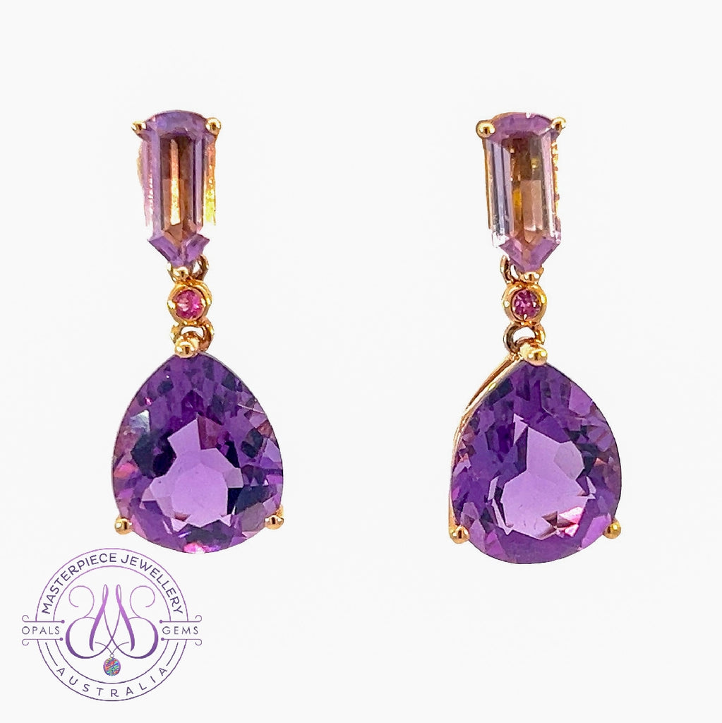 18kt Rose Gold dangling Amethyst 7.6ct earrings - Masterpiece Jewellery Opal & Gems Sydney Australia | Online Shop