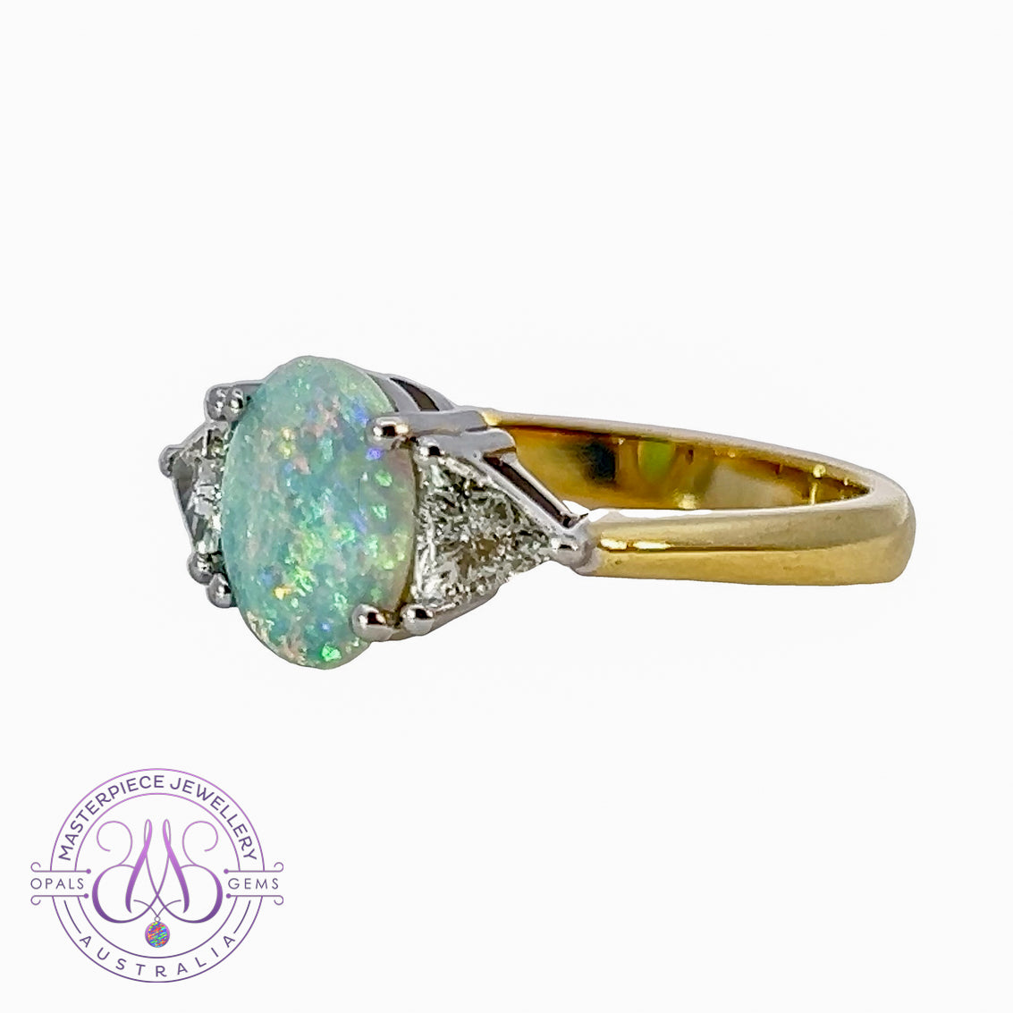 18kt Yellow and White Gold Crystal Opal 1.4ct amd trillion cut diamond ring - Masterpiece Jewellery Opal & Gems Sydney Australia | Online Shop