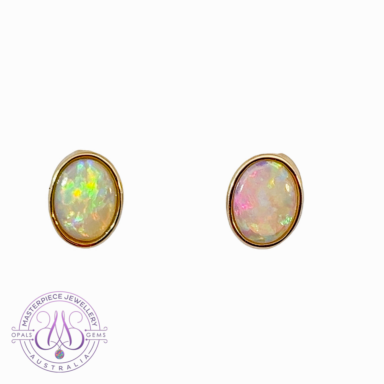 9kt Yellow Gold Oval Opal studs 8x6mm earrings - Masterpiece Jewellery Opal & Gems Sydney Australia | Online Shop