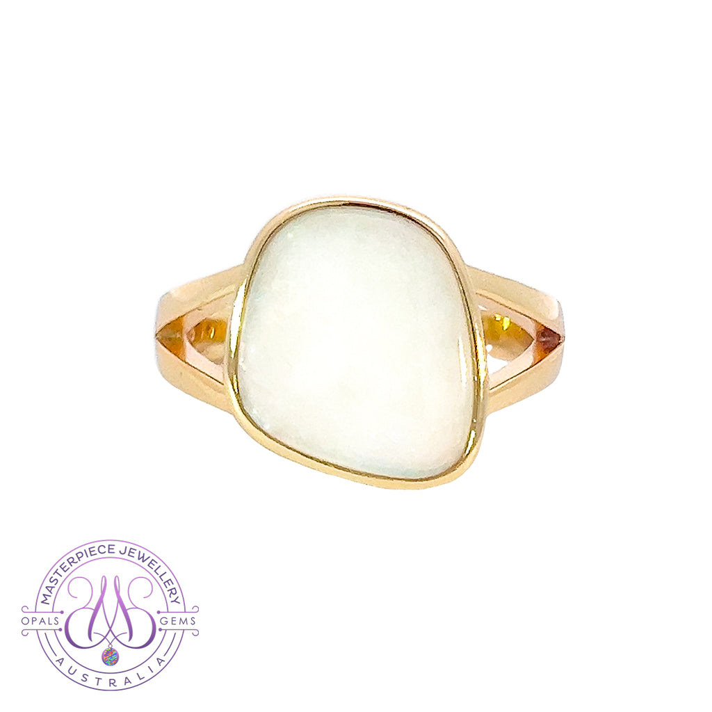 Gold Plated Sterling Silver solitaire bezel set white opal 3.1ct ring - Masterpiece Jewellery Opal & Gems Sydney Australia | Online Shop