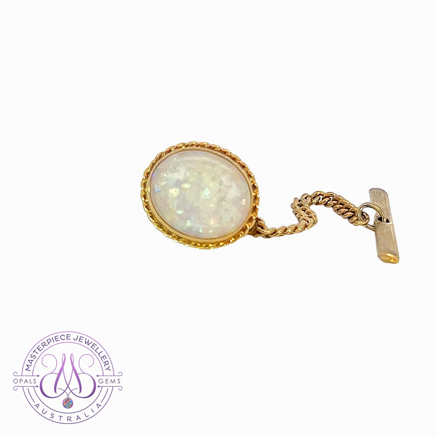 18kt Tie pin 12x10mm White Opal bezel - Masterpiece Jewellery Opal & Gems Sydney Australia | Online Shop