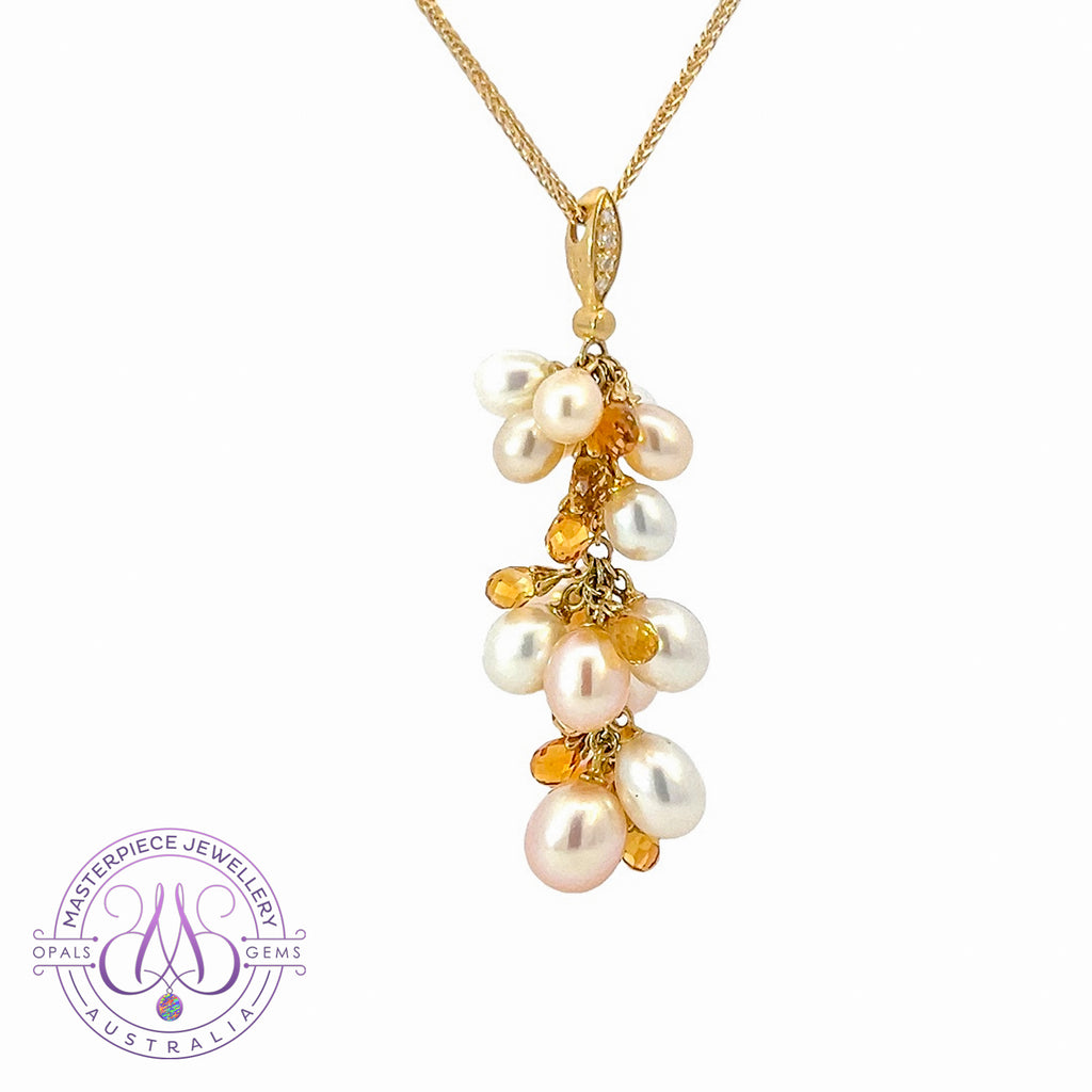 18kt Yellow Gold 15 Pearl , Citrine and diamond necklace - Masterpiece Jewellery Opal & Gems Sydney Australia | Online Shop
