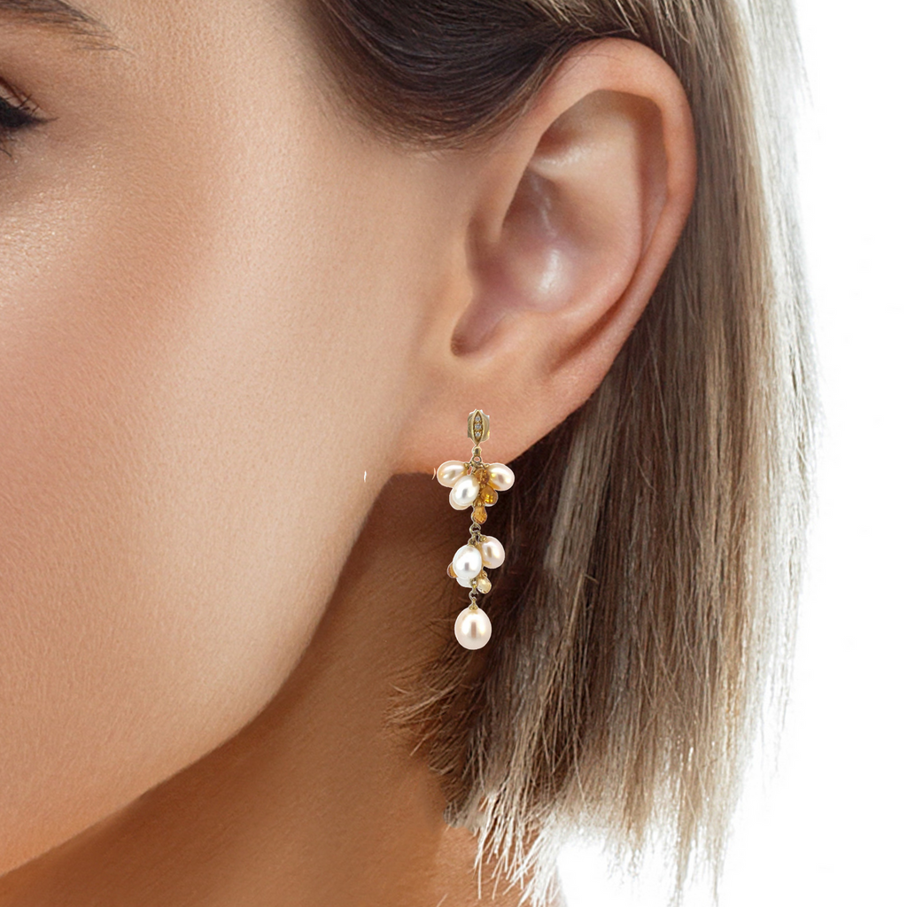18kt Yellow Gold dangling Pearl, Diamond and Citrine earrings - Masterpiece Jewellery Opal & Gems Sydney Australia | Online Shop