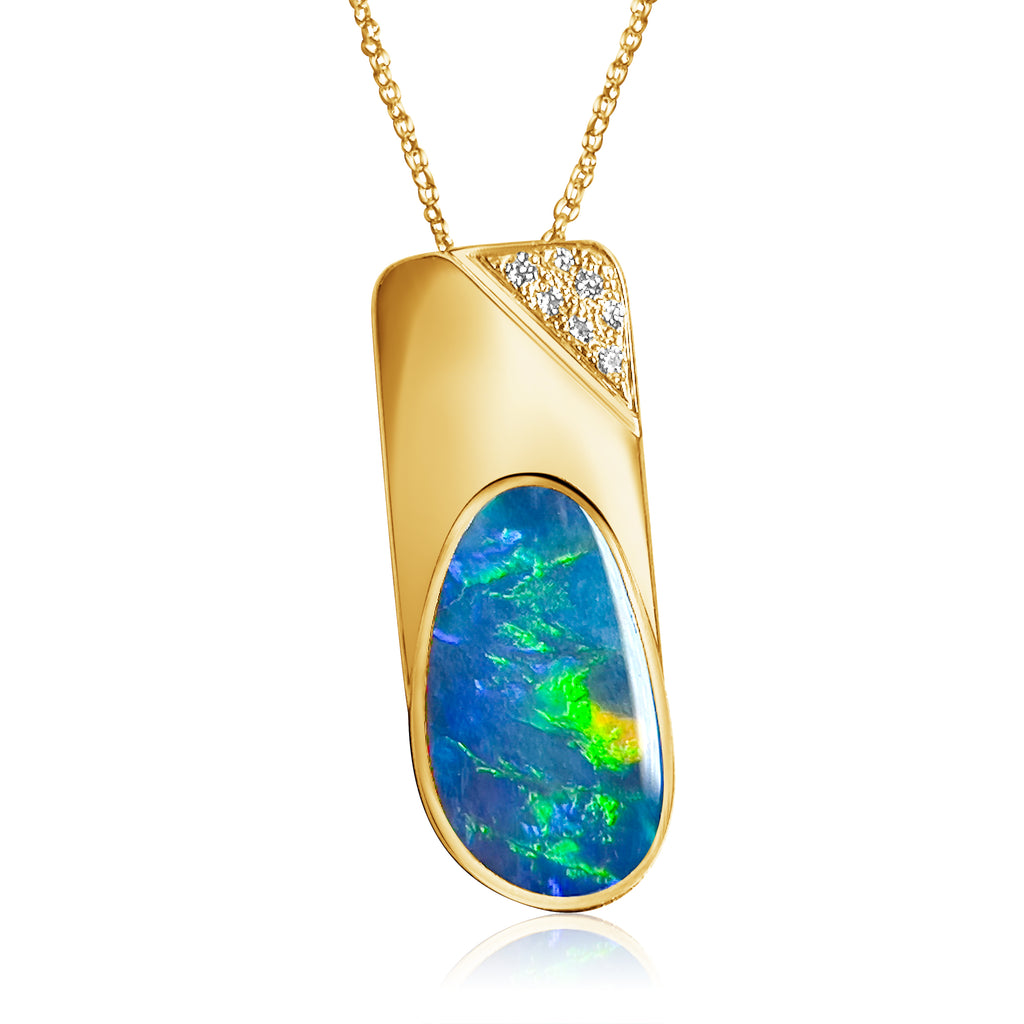 18kt Yellow Gold pendant with 4.27ct Black Opal and Diamonds - Masterpiece Jewellery Opal & Gems Sydney Australia | Online Shop