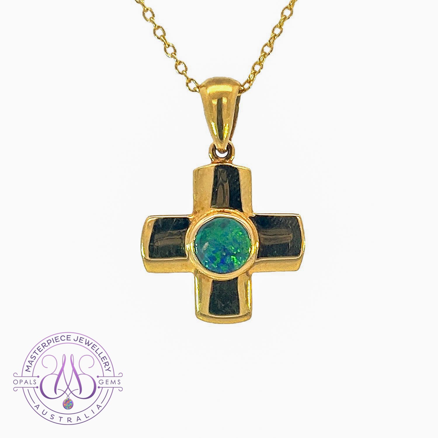 18kt Yellow Gold Black Opal 0.4ct cross pendant - Masterpiece Jewellery Opal & Gems Sydney Australia | Online Shop