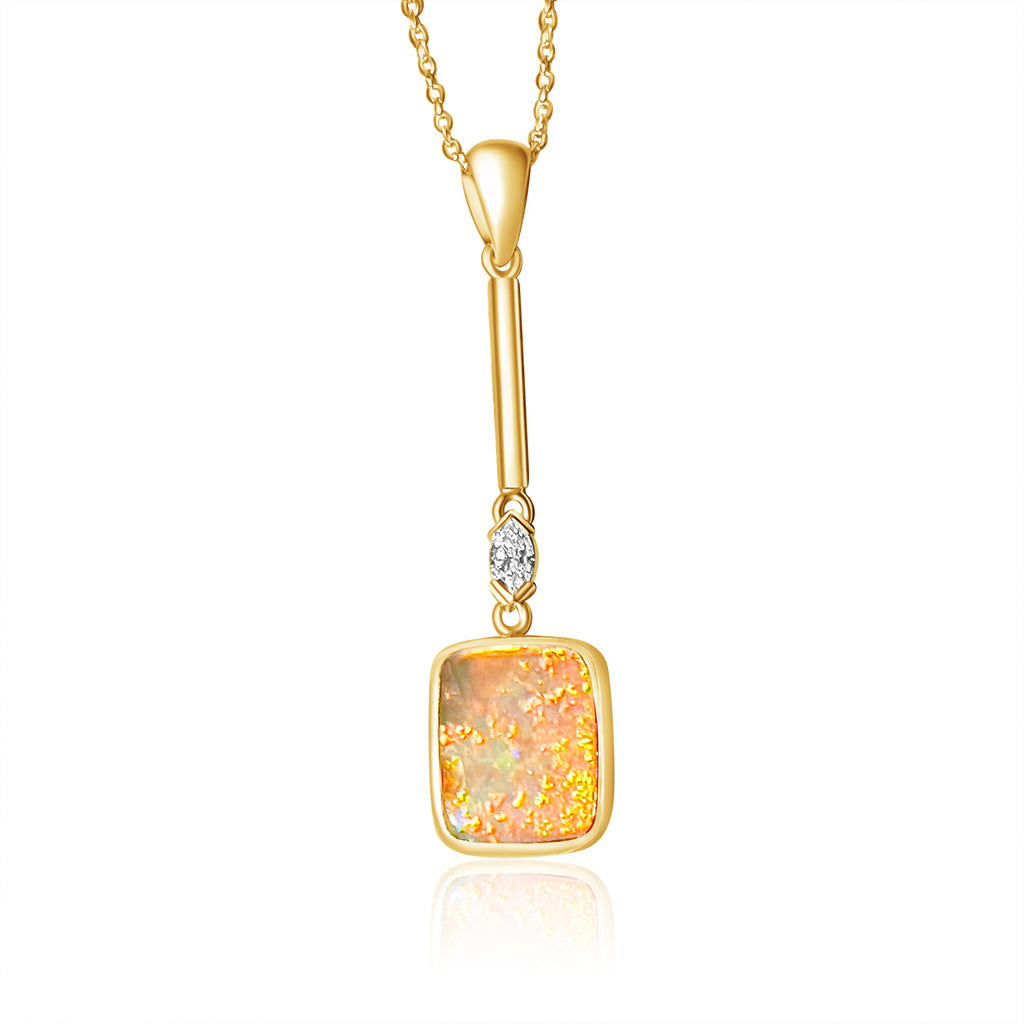 18kt Yellow Gold Rectangular Opal 2.1ct and Marquise diamond 0.06ct pendant - Masterpiece Jewellery Opal & Gems Sydney Australia | Online Shop