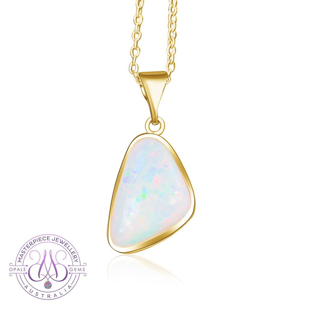 18kt Yellow Gold triangle shape White opal 3.01ct pendant - Masterpiece Jewellery Opal & Gems Sydney Australia | Online Shop