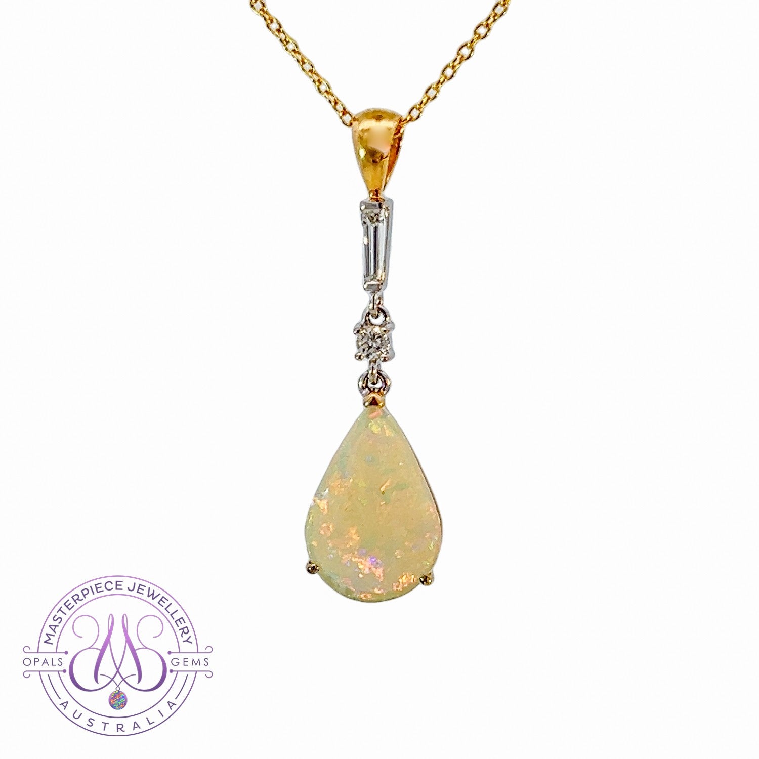 18kt Yellow and White Gold White Fire Opal pearshape 3.1ct and Diamond pendant dangling - Masterpiece Jewellery Opal & Gems Sydney Australia | Online Shop