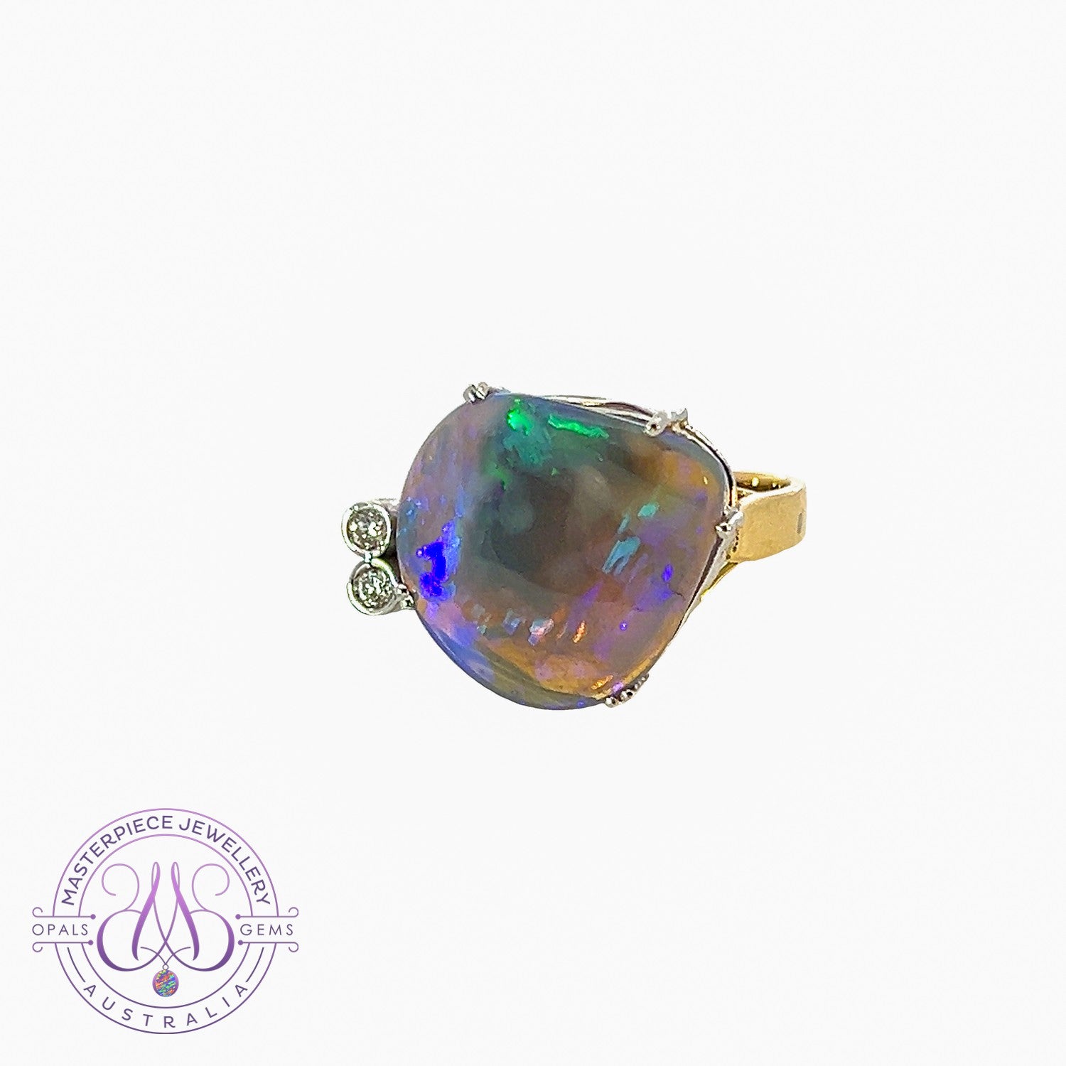 14kt White and Yellow Gold Black Opal 8.89ct and Diamond ring 0.08ct - Masterpiece Jewellery Opal & Gems Sydney Australia | Online Shop
