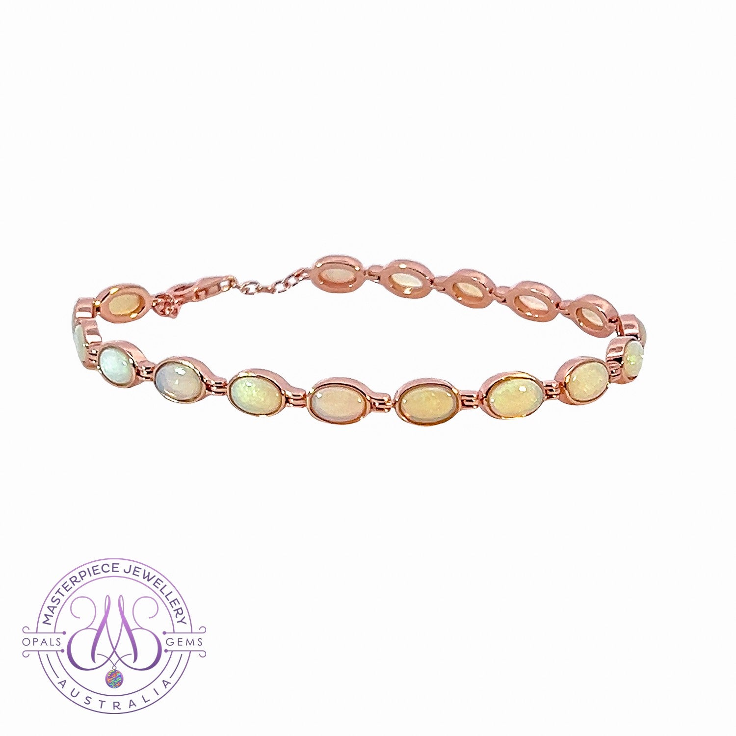 Sterling Silver Rose Gold plated 6x4mm White Opal bezel set bracelet - Masterpiece Jewellery Opal & Gems Sydney Australia | Online Shop