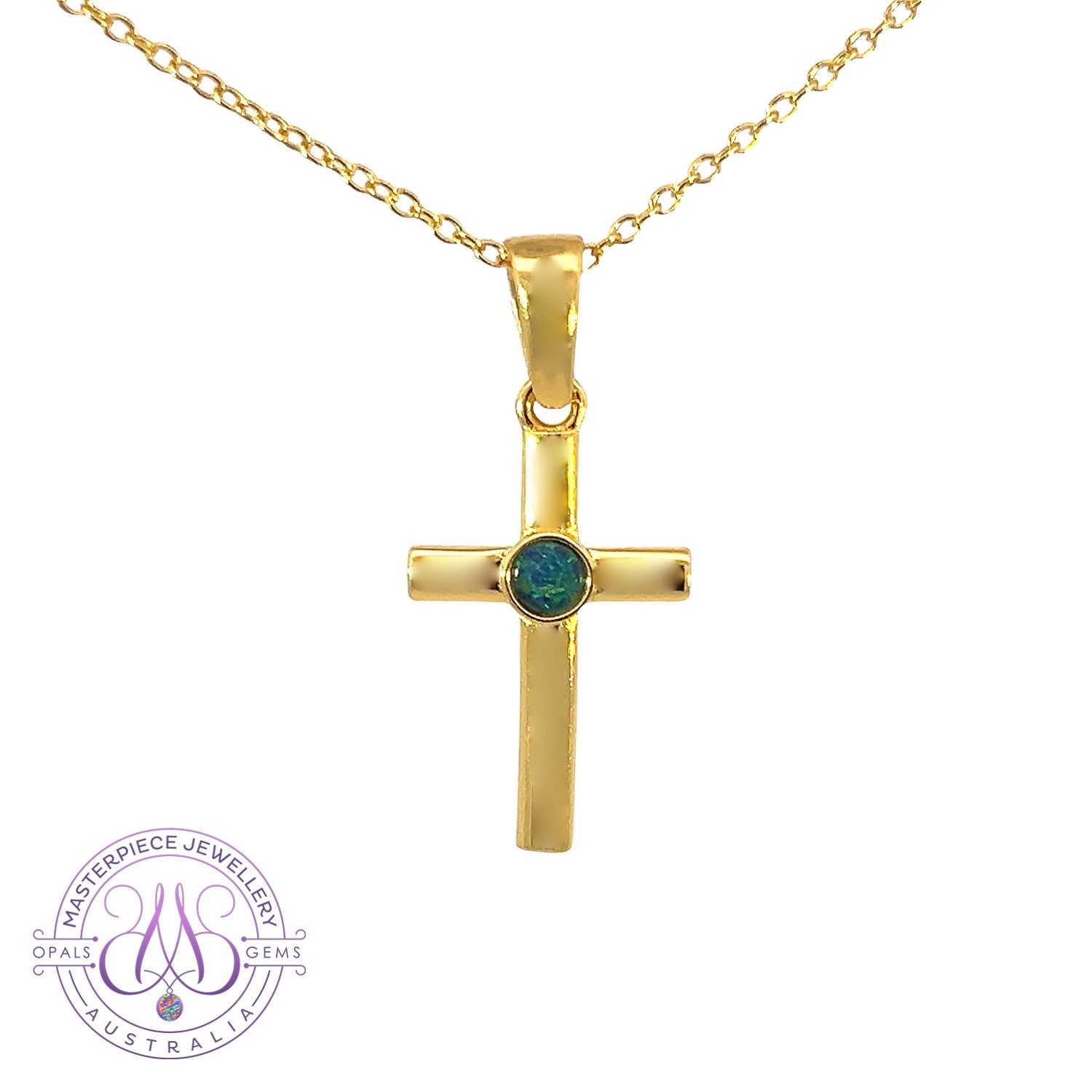 Small Silver Gold plated cross pendant with round 3mm Opal - Masterpiece Jewellery Opal & Gems Sydney Australia | Online Shop