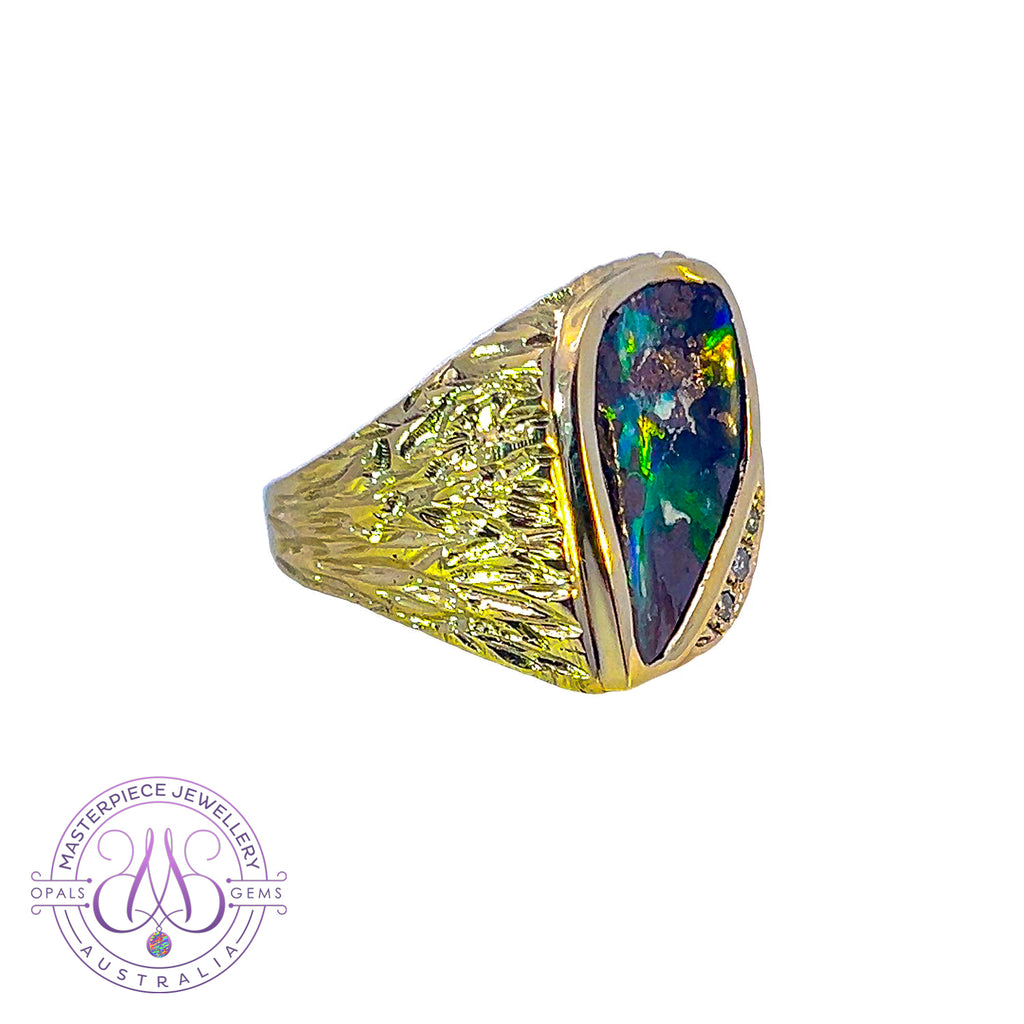 14kt Yellow Gold gents ring with Boulder Opal nugget design ring handmade - Masterpiece Jewellery Opal & Gems Sydney Australia | Online Shop