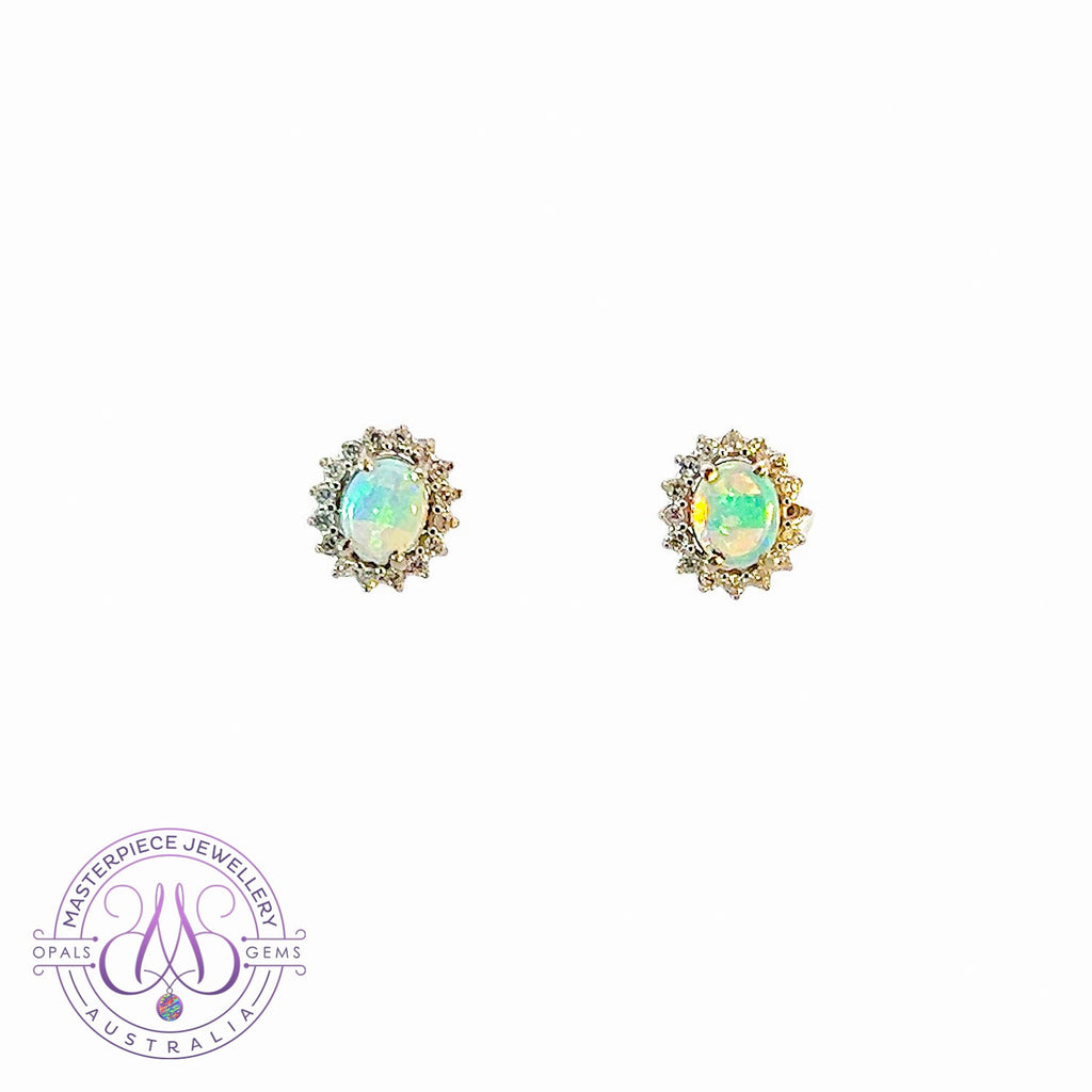 9kt White Gold pair of Opal and Diamond cluster earrings - Masterpiece Jewellery Opal & Gems Sydney Australia | Online Shop