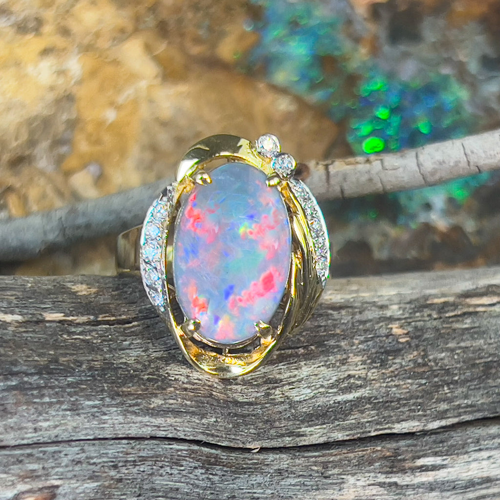 18kt Yellow Gold Black Opal Red flashes 4.86ct and diamond ring - Masterpiece Jewellery Opal & Gems Sydney Australia | Online Shop