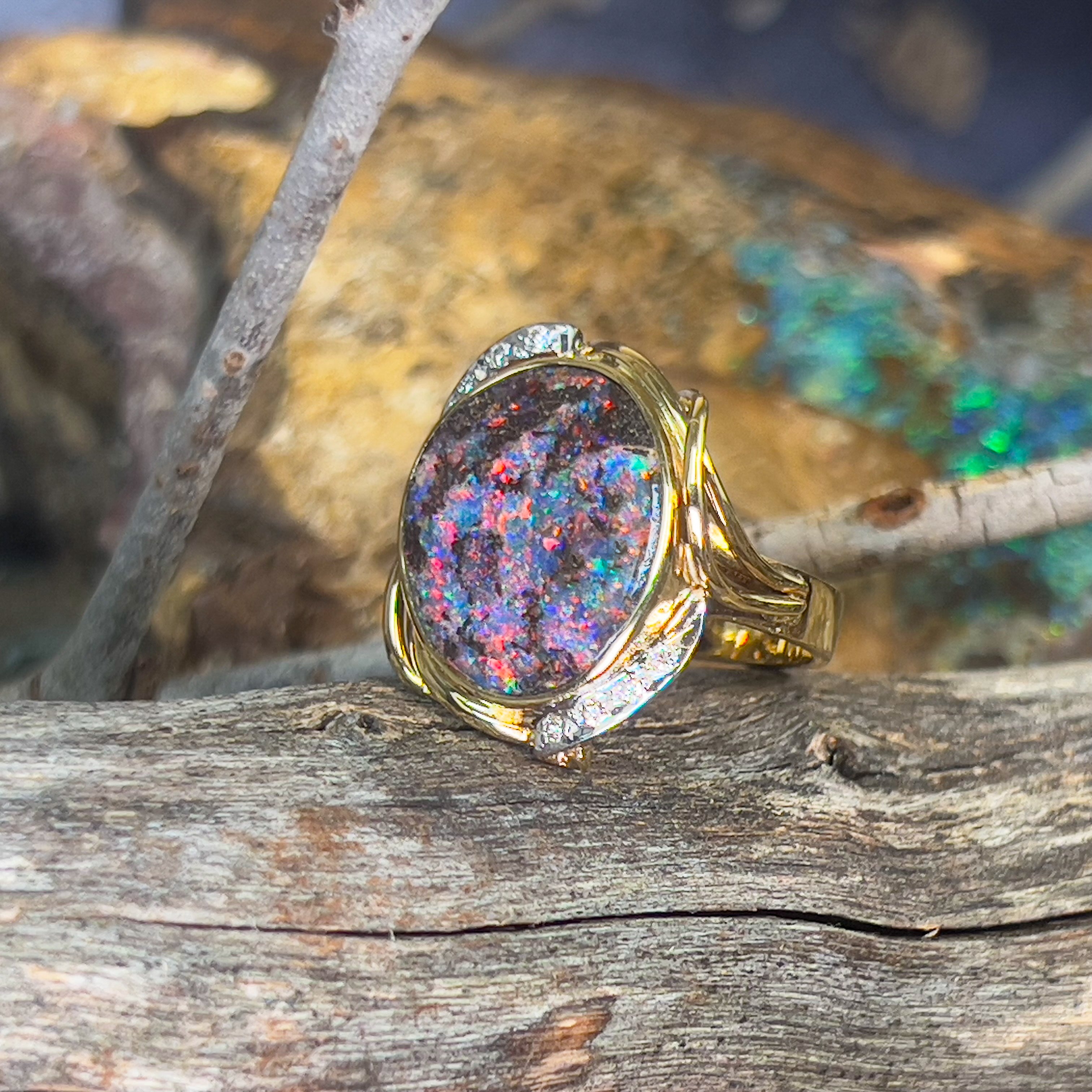 18kt Yellow Gold Boulder Opal 6.77ct and diamond ring - Masterpiece Jewellery Opal & Gems Sydney Australia | Online Shop