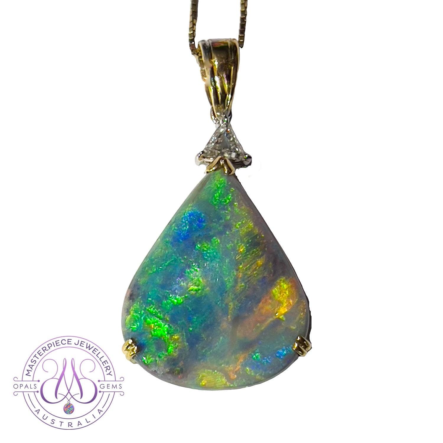 18kt Yellow Gold Pear shape Black Opal 20.05ct and Trillion cut diamond pendant - Masterpiece Jewellery Opal & Gems Sydney Australia | Online Shop