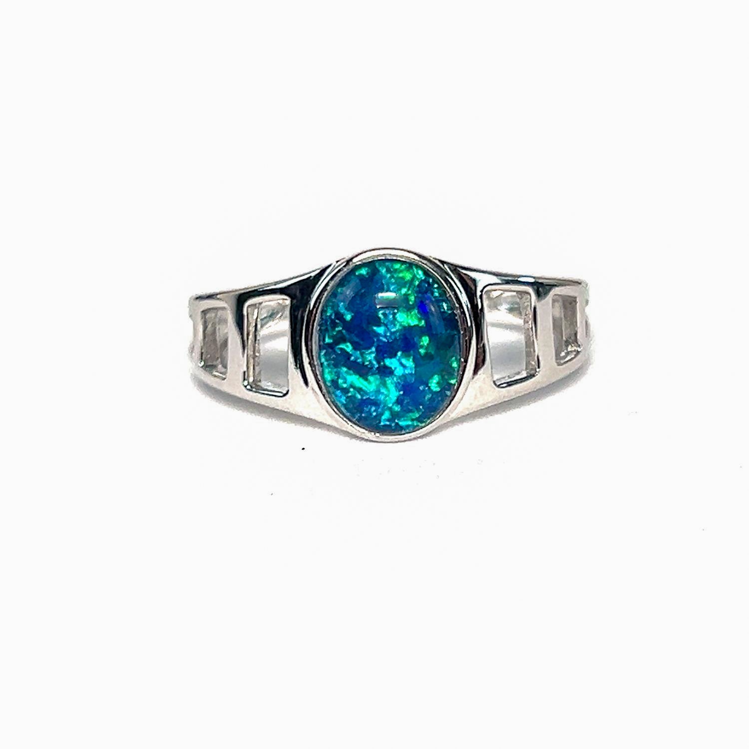 Sterling Silver cut out Opal triplet gents ring 10x8mm Blue Green