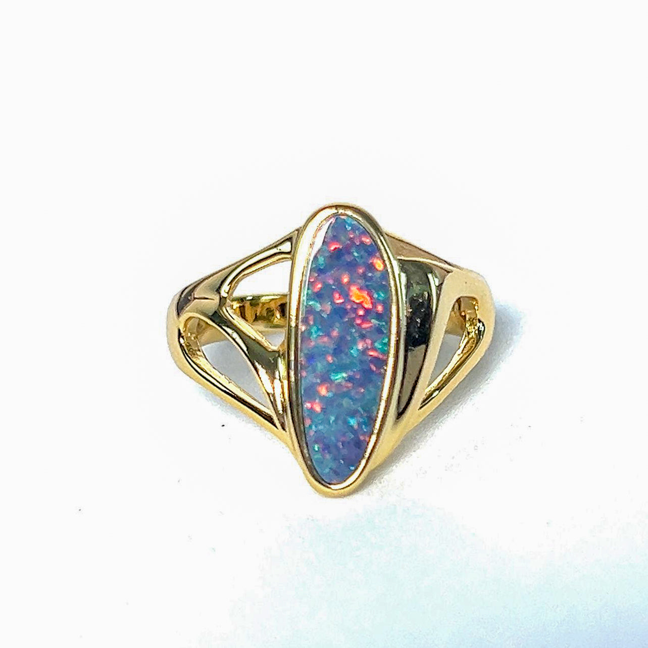 Sterling Silver Gold plated cut out patterned Opal doublet ring