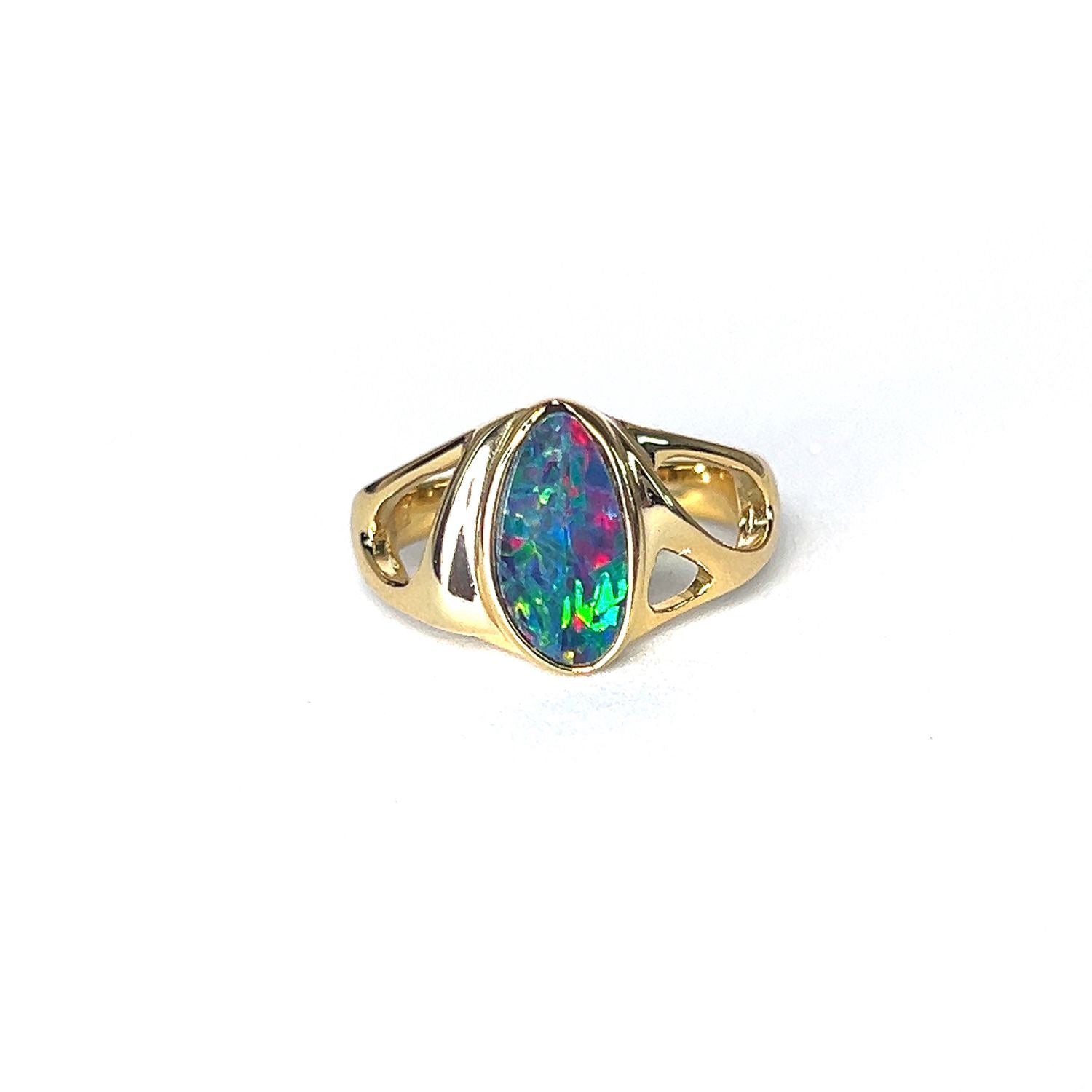 Gold plated Sterling Silver shaped cut out pattern opal doublet ring