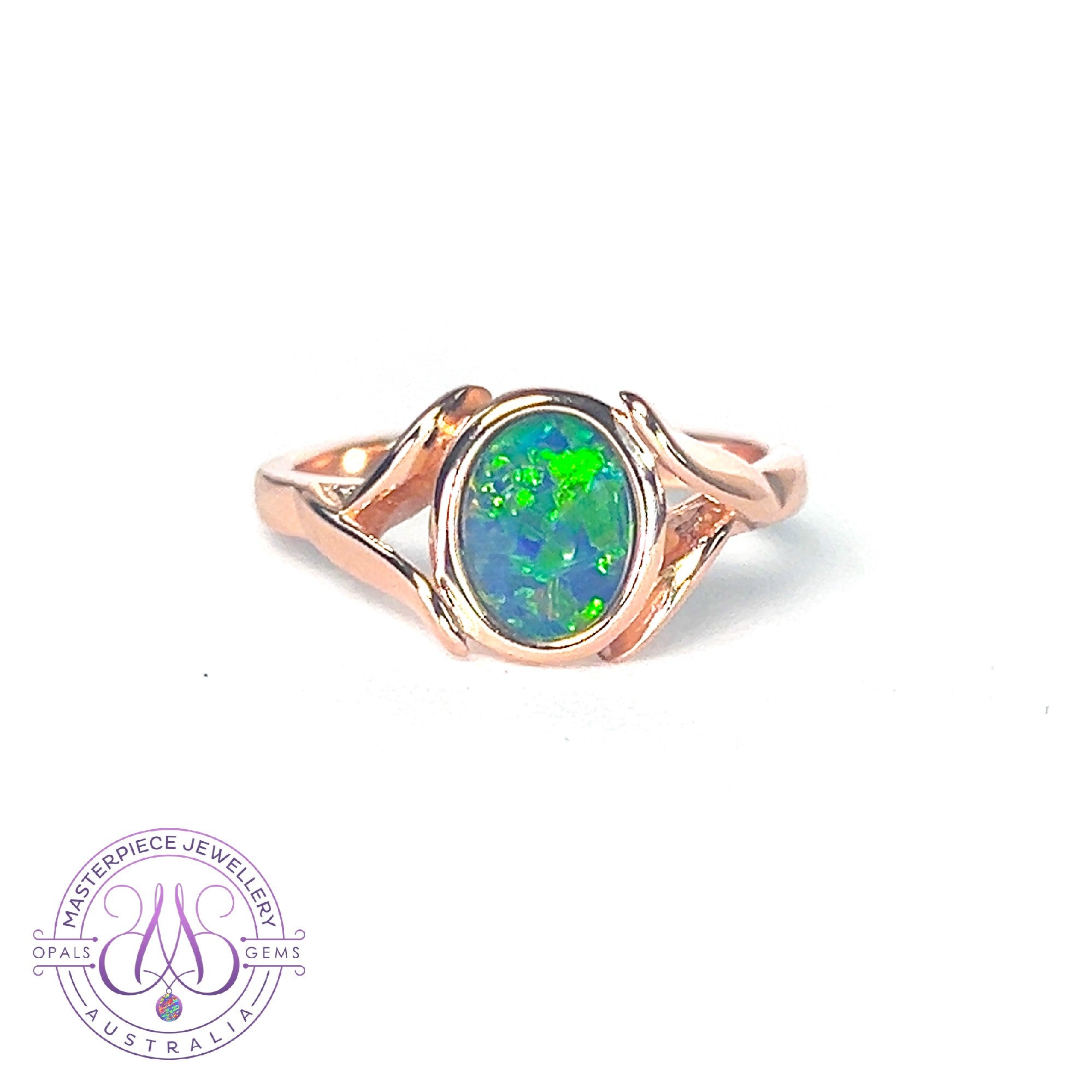 Rose Gold Sterling Silver plated Opal 8x6mm shaped band ring