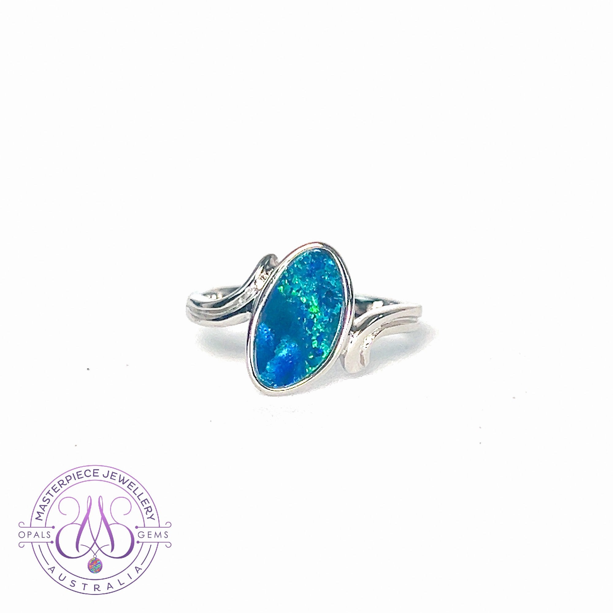 Sterling Silver Blue Opal doublet curved shank ring