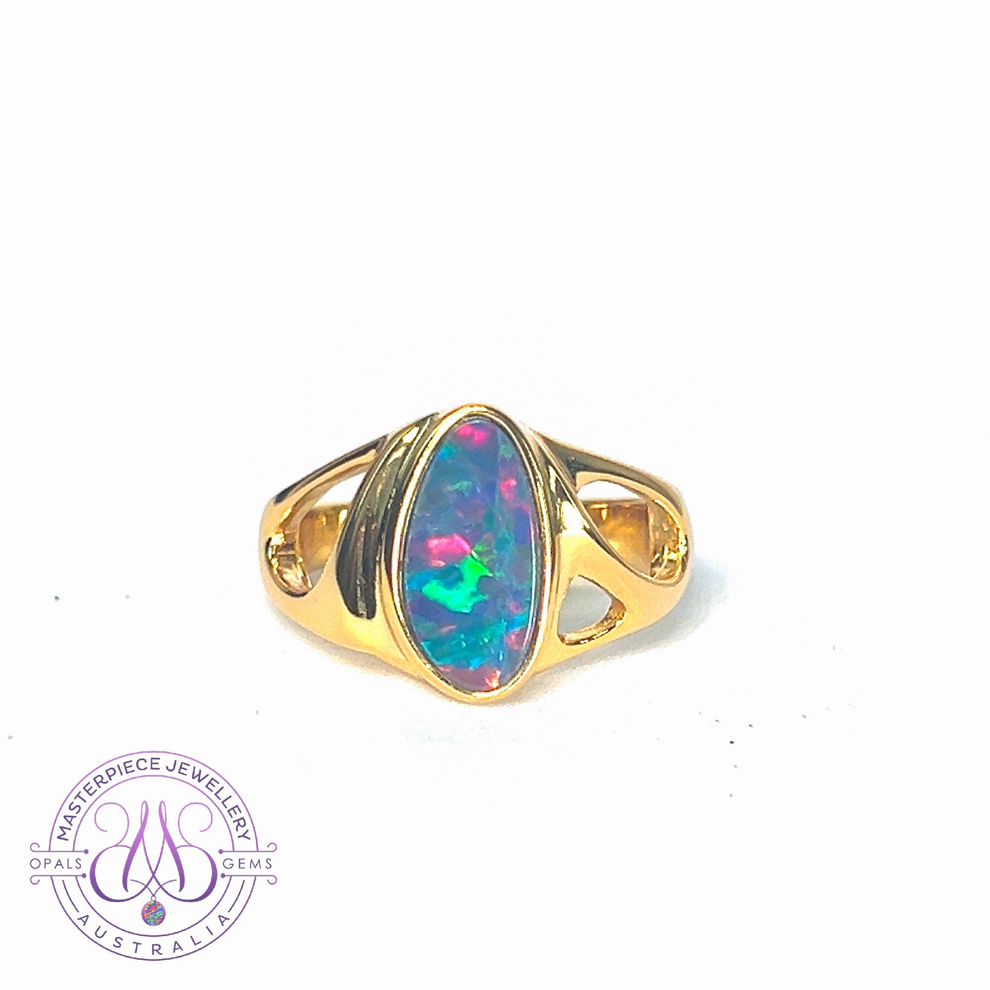 Gold plated sterling silver cut out band Opal doublet ring