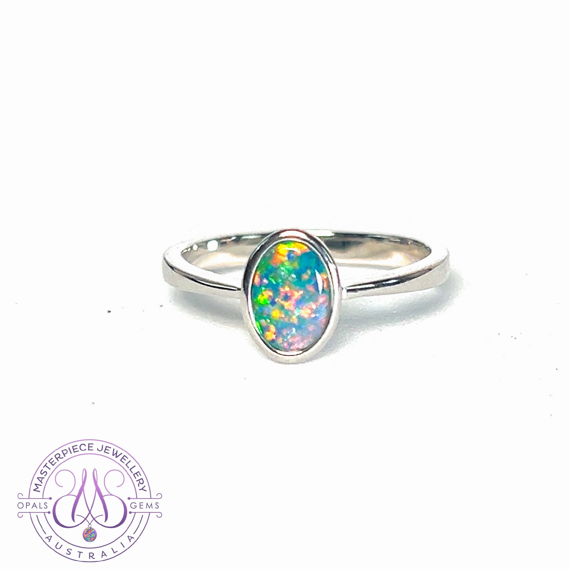 Sterling Silver Opal solitaire 9x7mm doublet bezel ring
