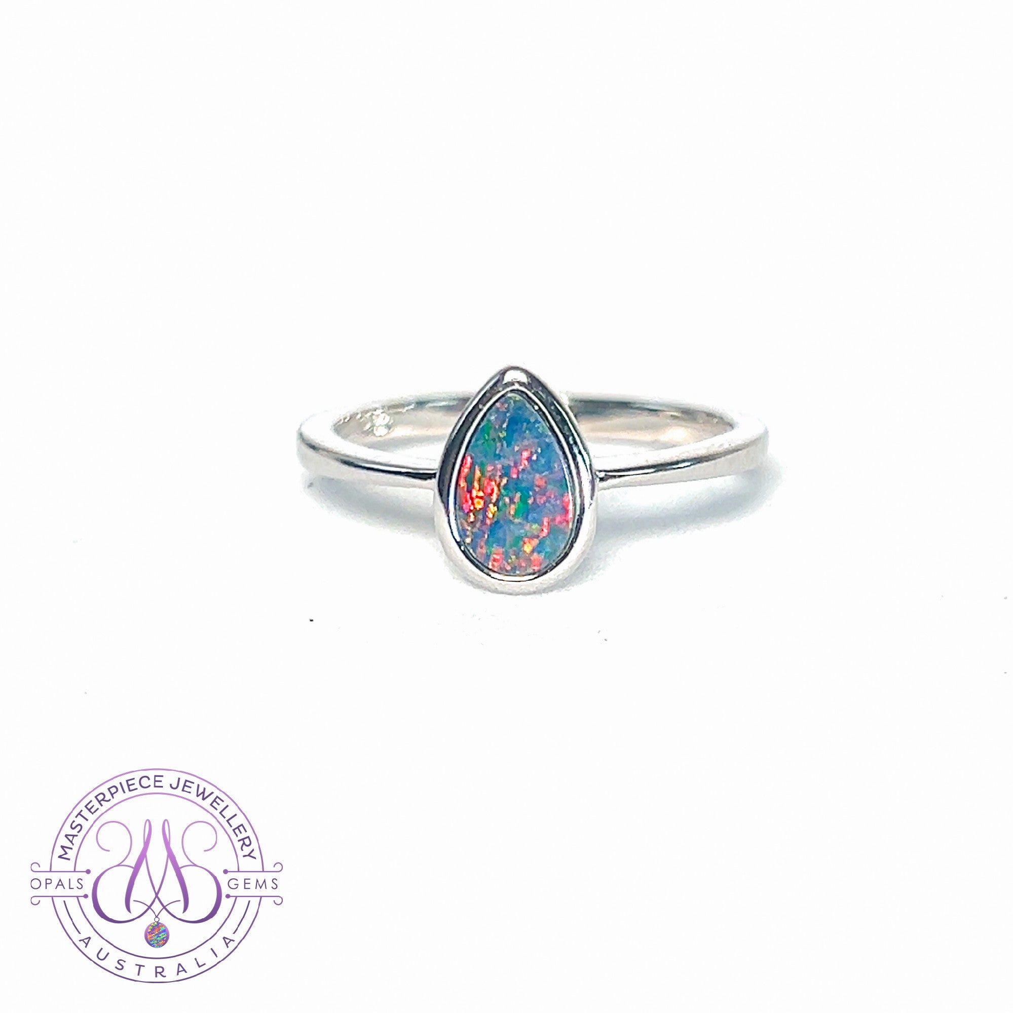 Sterling Silver pear shape opal doublet solitaire ring