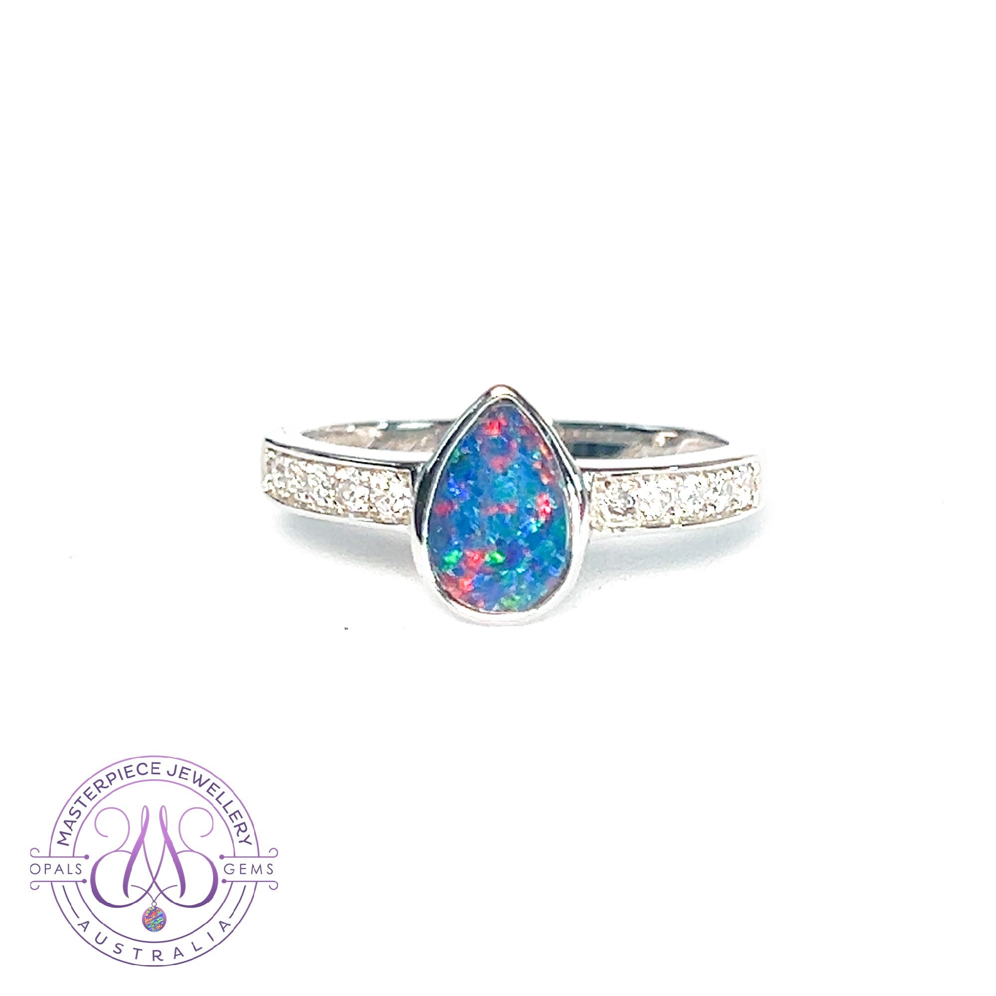 Sterling Silver pearshape Opal doublet and cz band ring