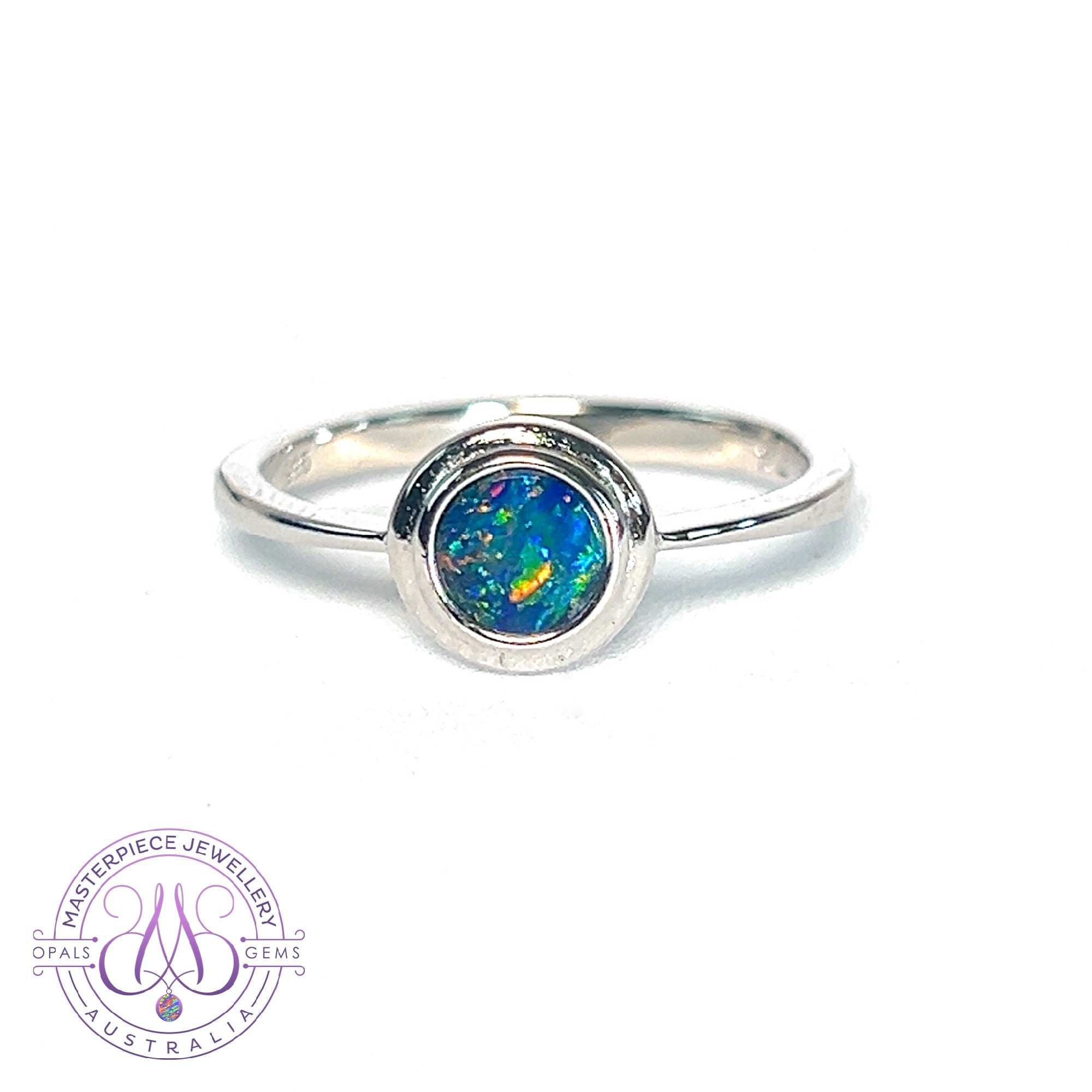 Sterling Silver round Opal doublet bezel double tier ring