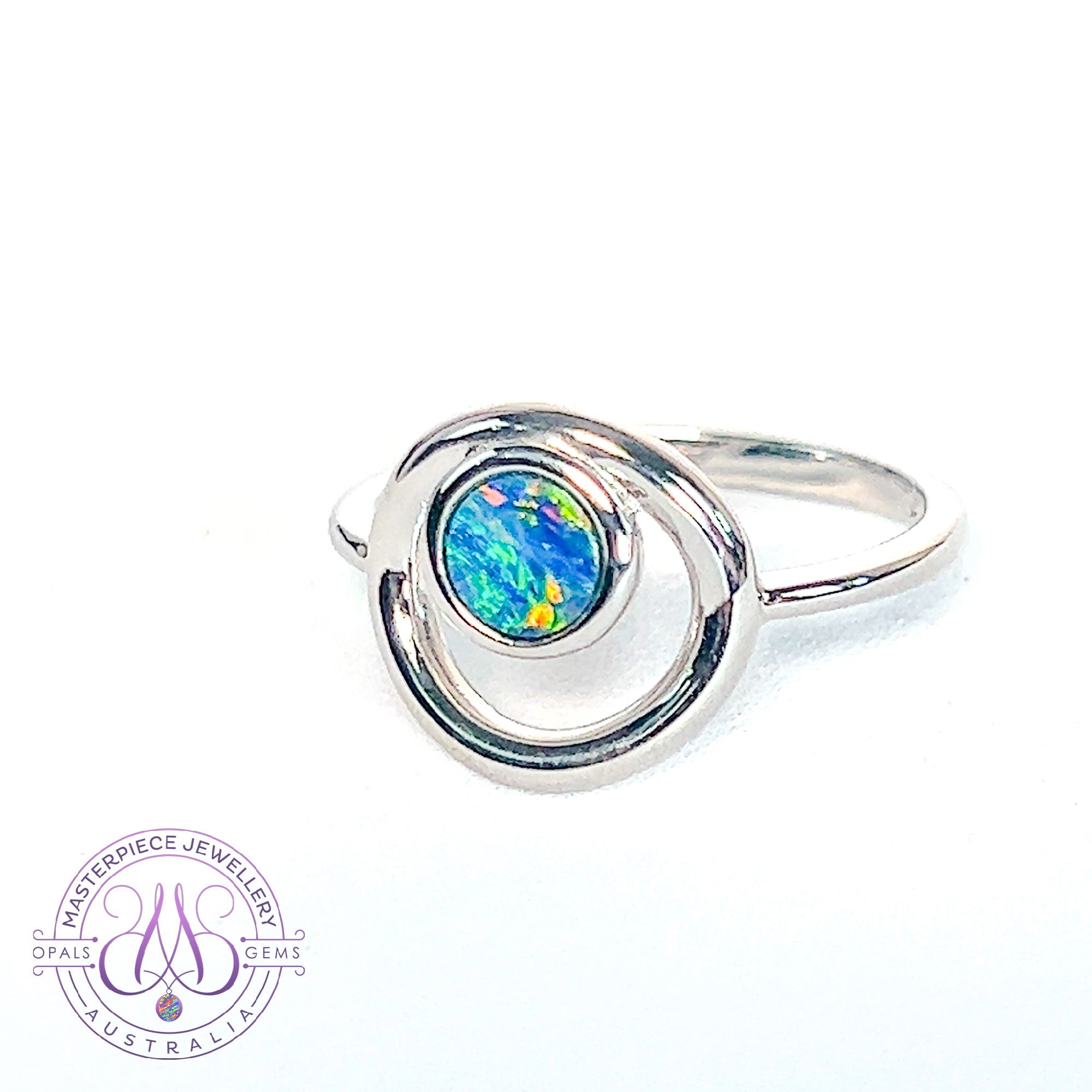Sterling Silver round 6mm Opal doublet circle design ring