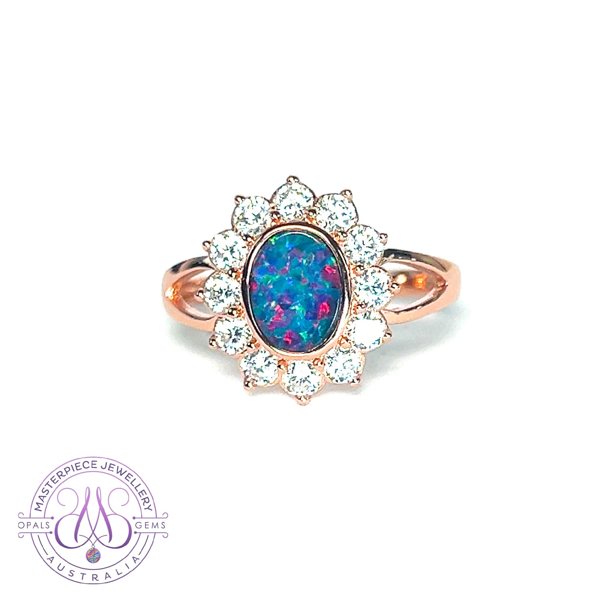 Rose Gold sterling silver cluster ring with one Opal doublet ring