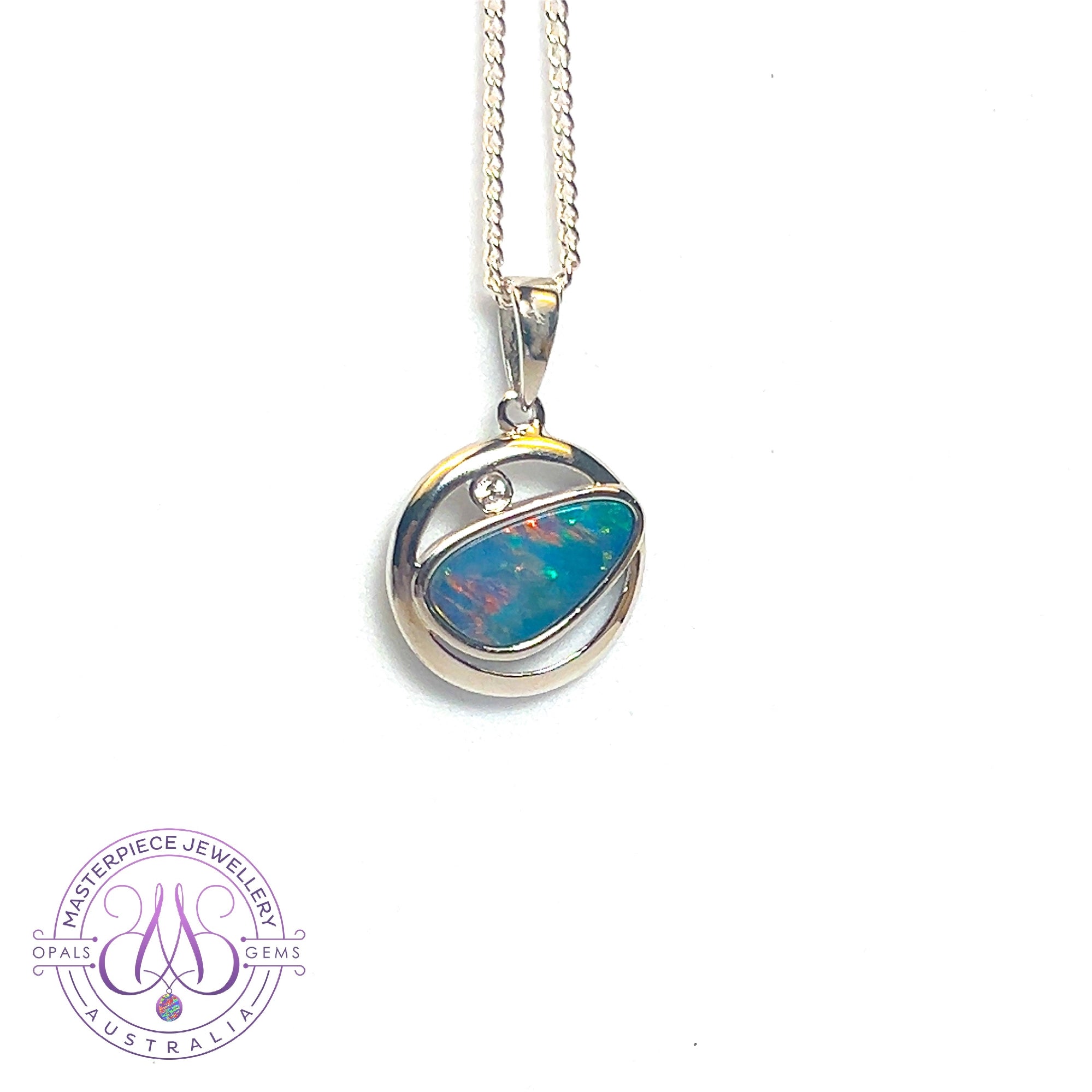 Sterling Silver Opal doublet slanted circle design necklace