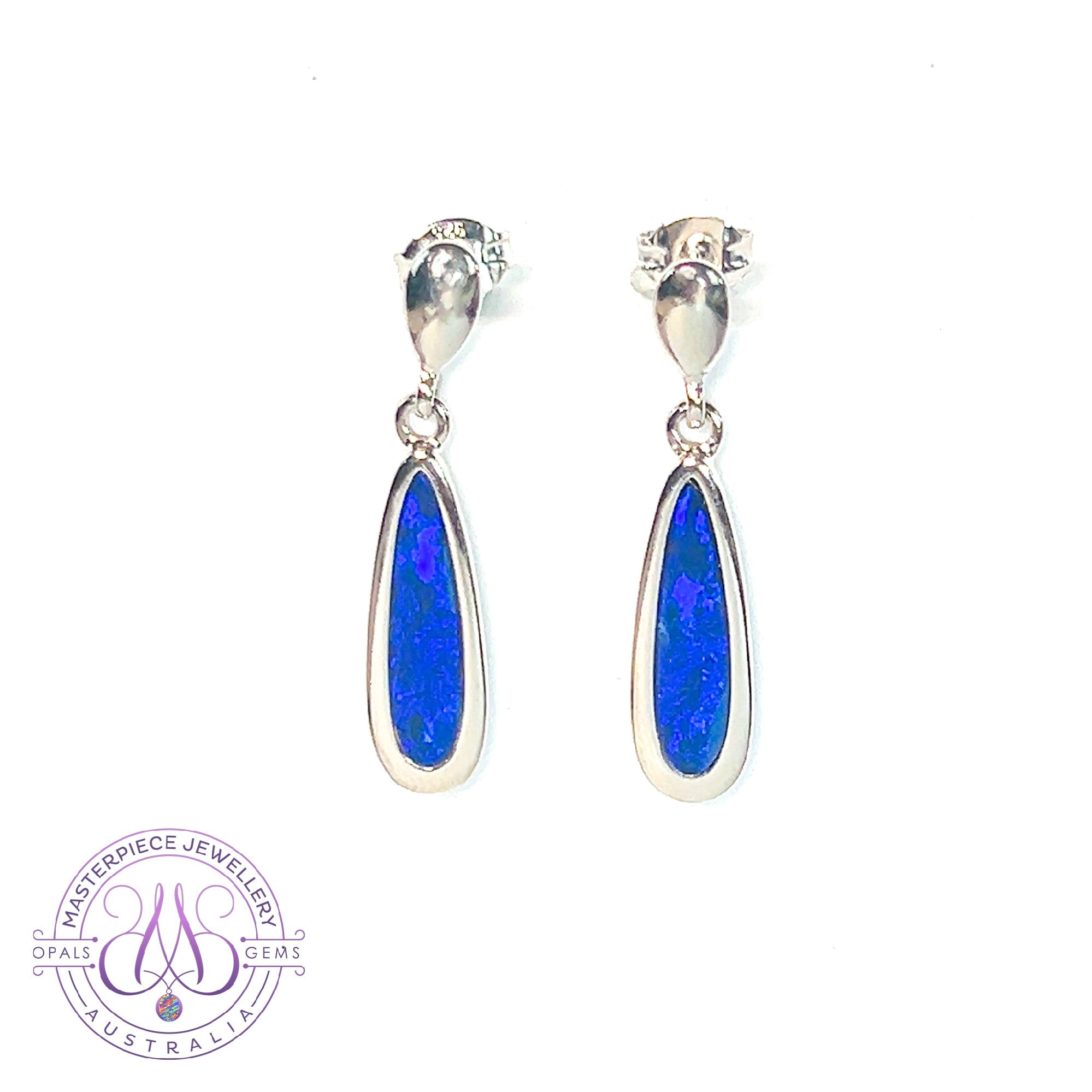 Sterling Silver dangling long drop earrings with blue opal doublets