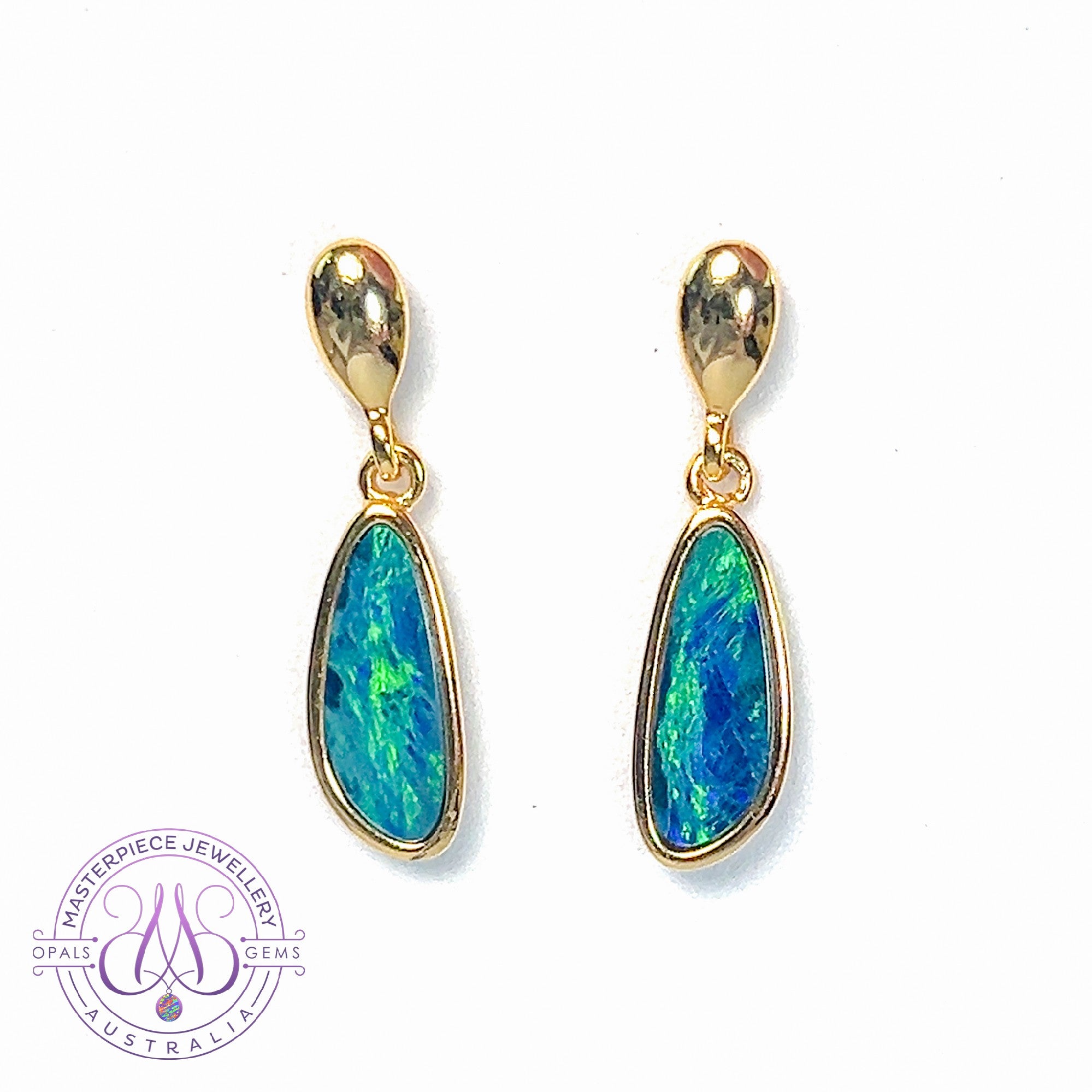Gold plated Opal doublet dangling earrings green Opal 