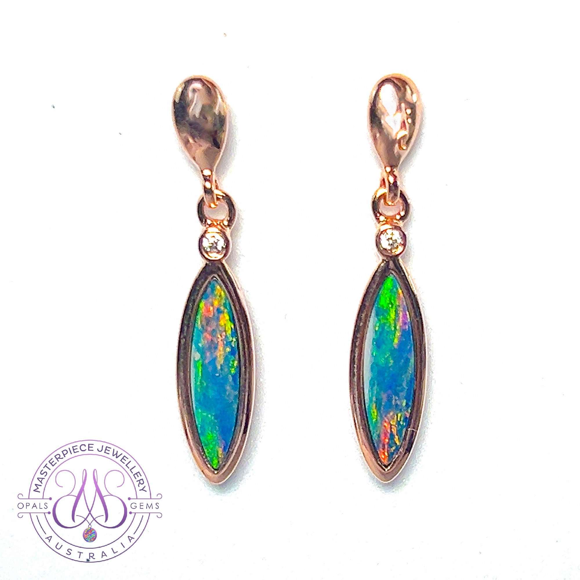Rose Gold plated Sterling silver dangling marquise shape Opal doublets and cubic zirconia earrings