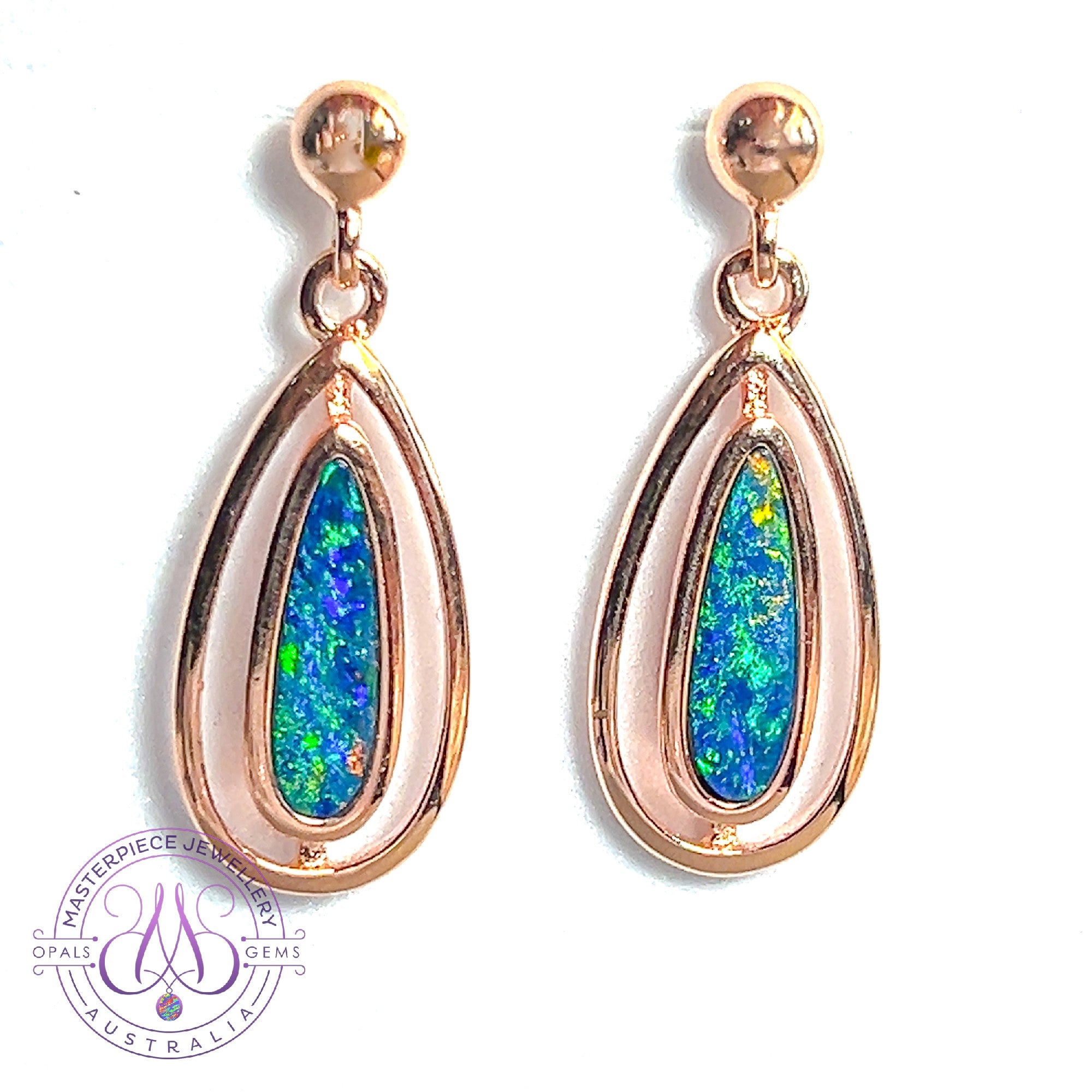 Rose Gold Silver dangling pearshape opal doublet earrings