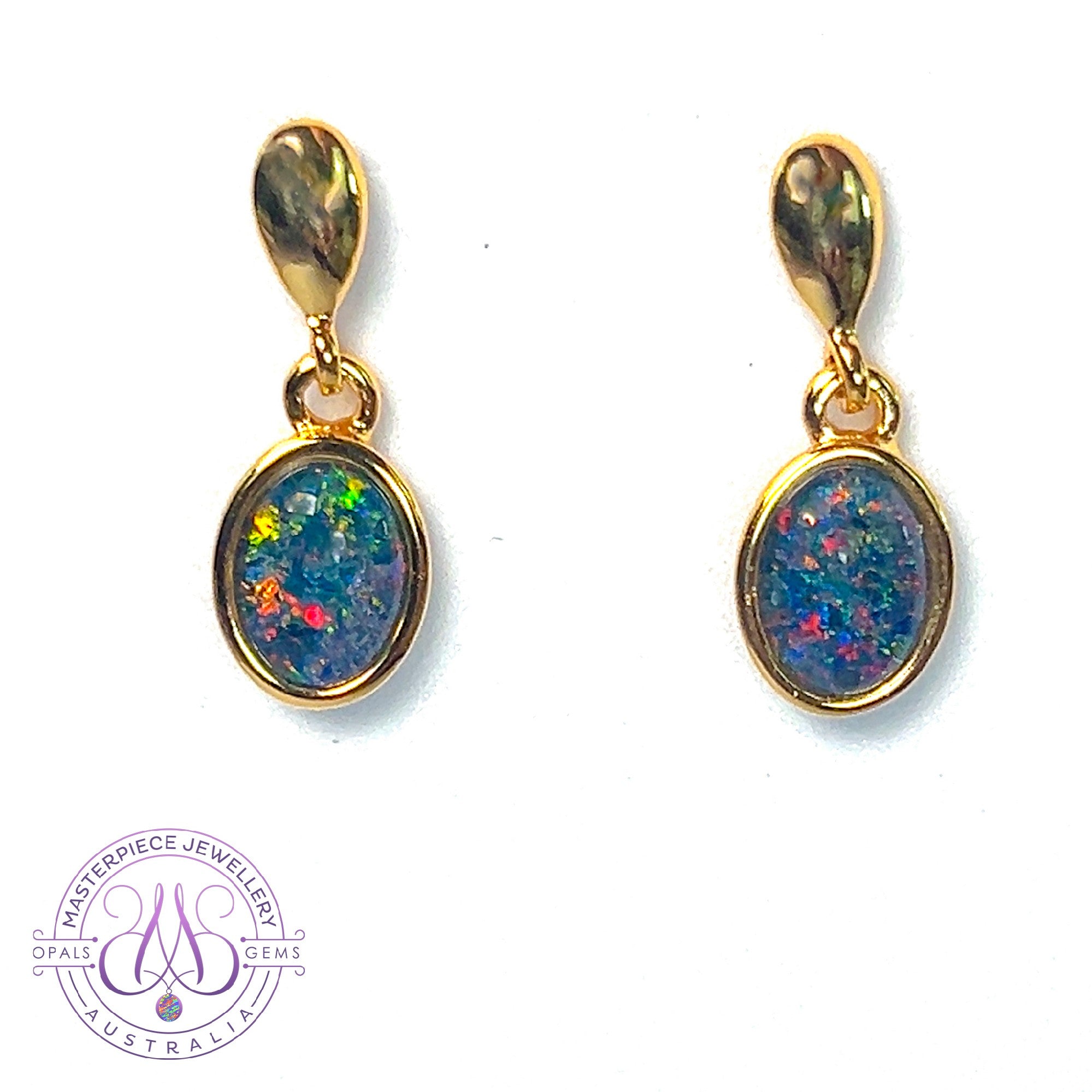 Gold plated silver dangling oval triplet opal earrings
