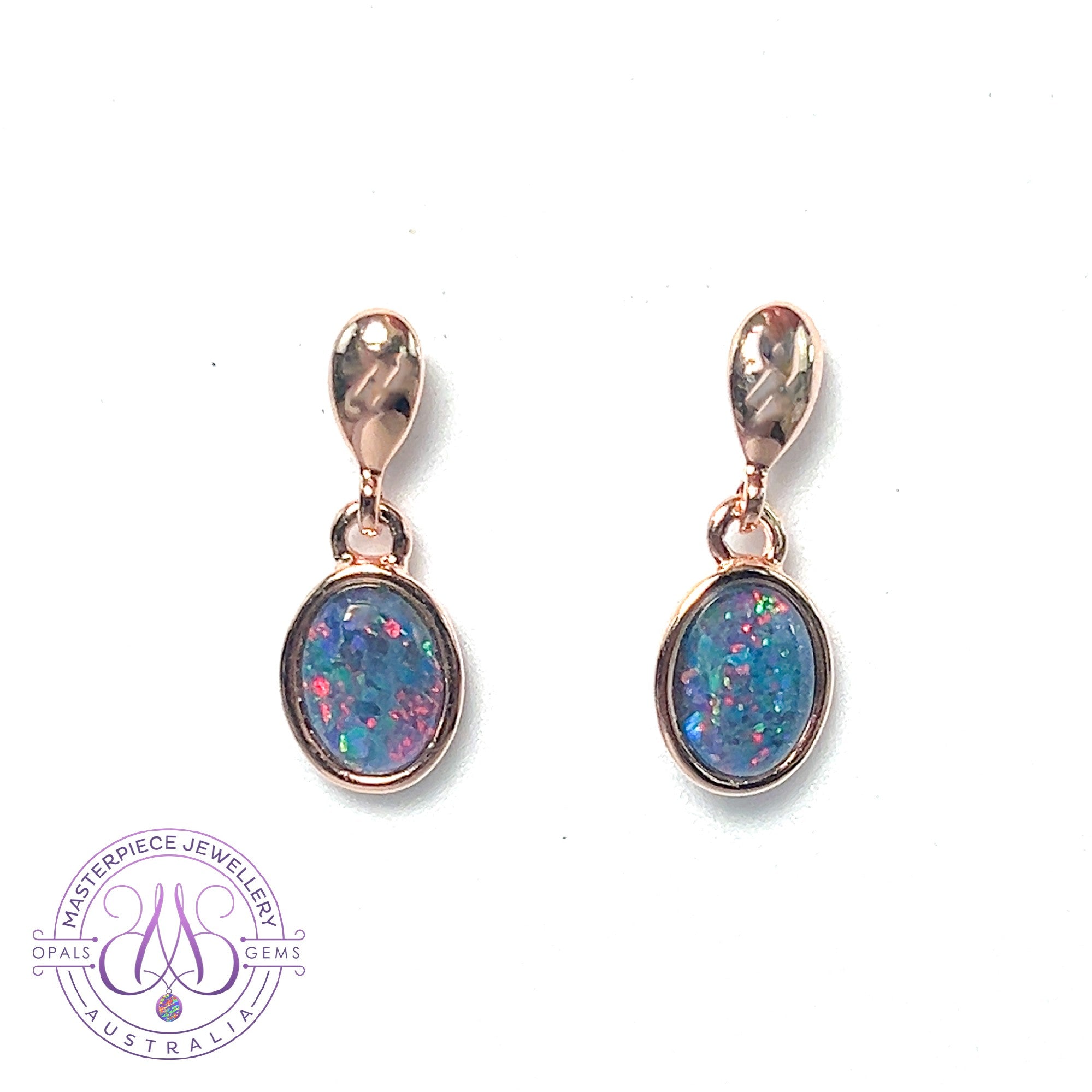Rose gold plated silver dangling oval opal triplet earrings