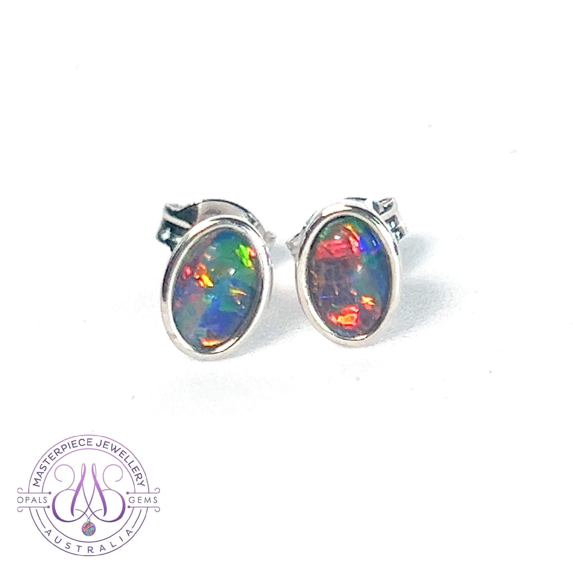 Sterling Silver 7x5mm Opal triplet gem bezel set earrings