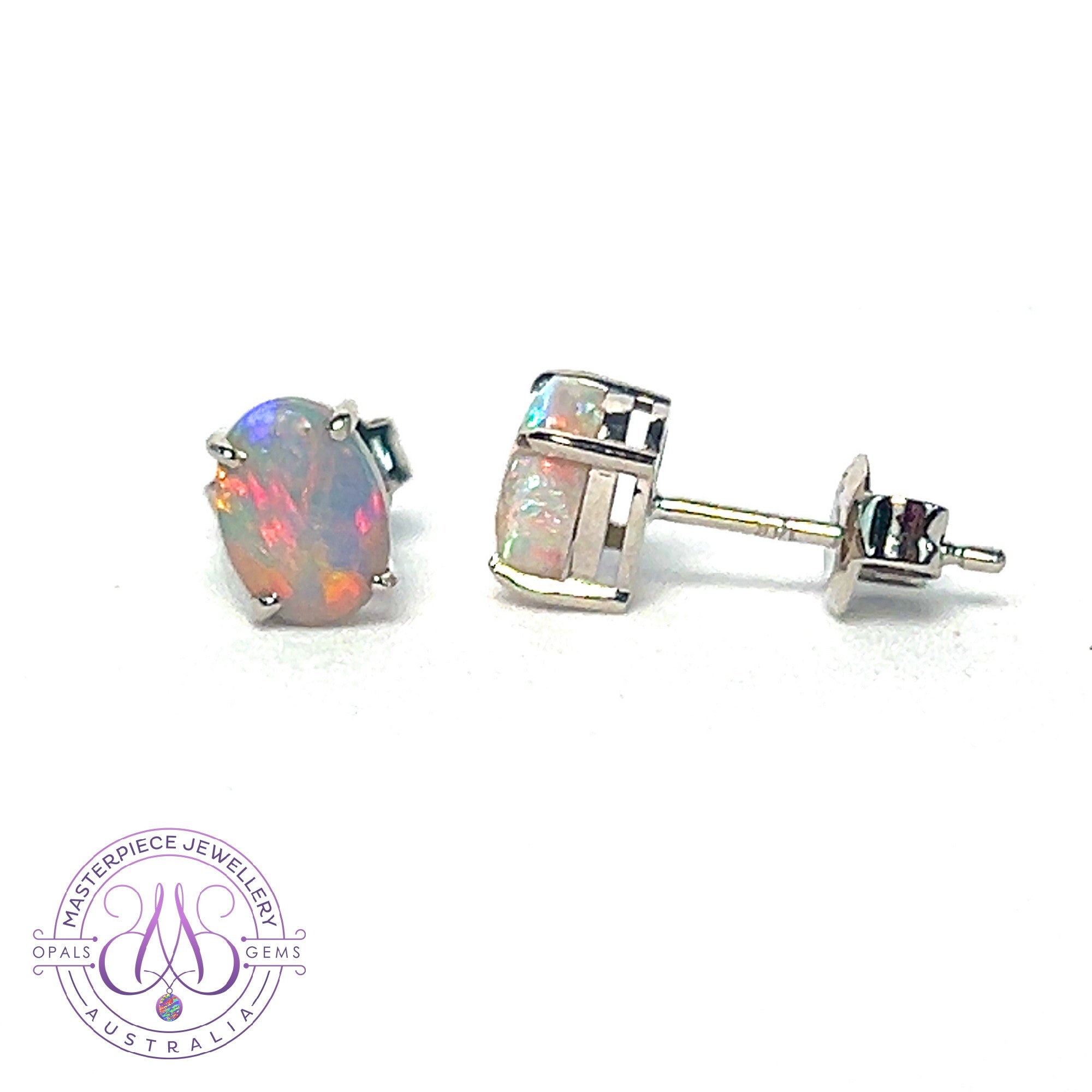 14kt White Gold Black Opal studs Red colours 1.11ct