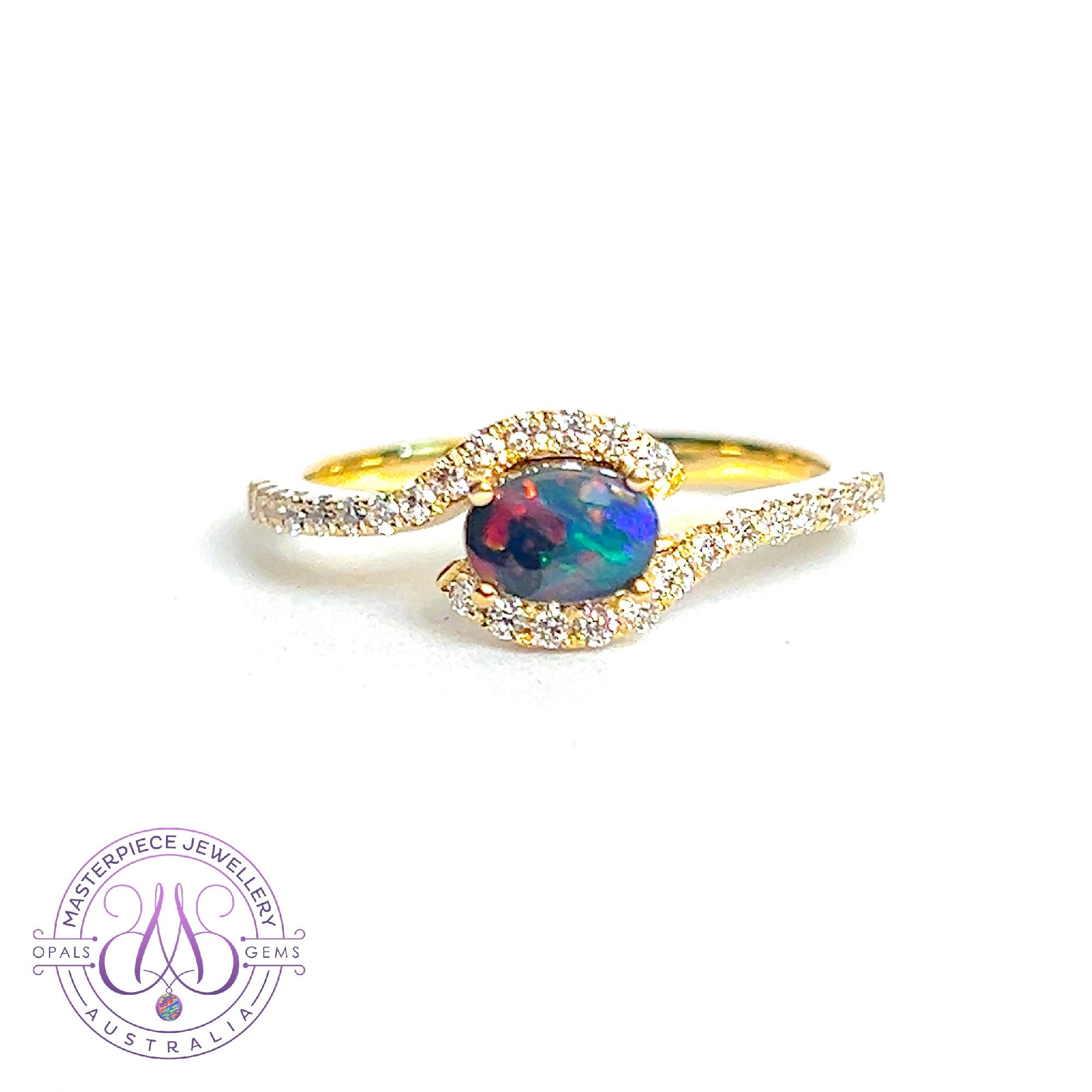 18kt Yellow Gold Black Opal 0.26ct and Diamond cross over ring