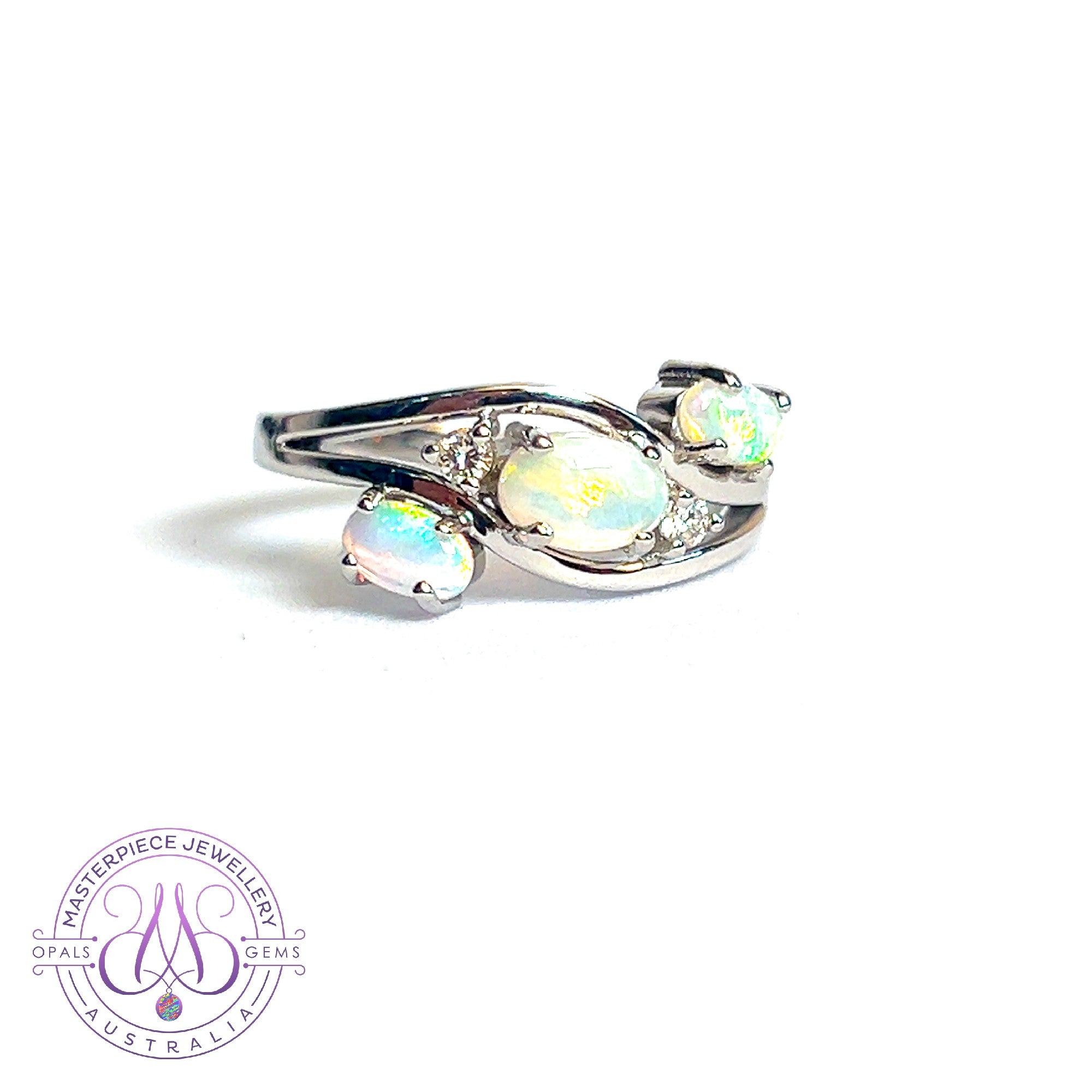 9kt White gold 3 Opal ring diagonal shaped ring