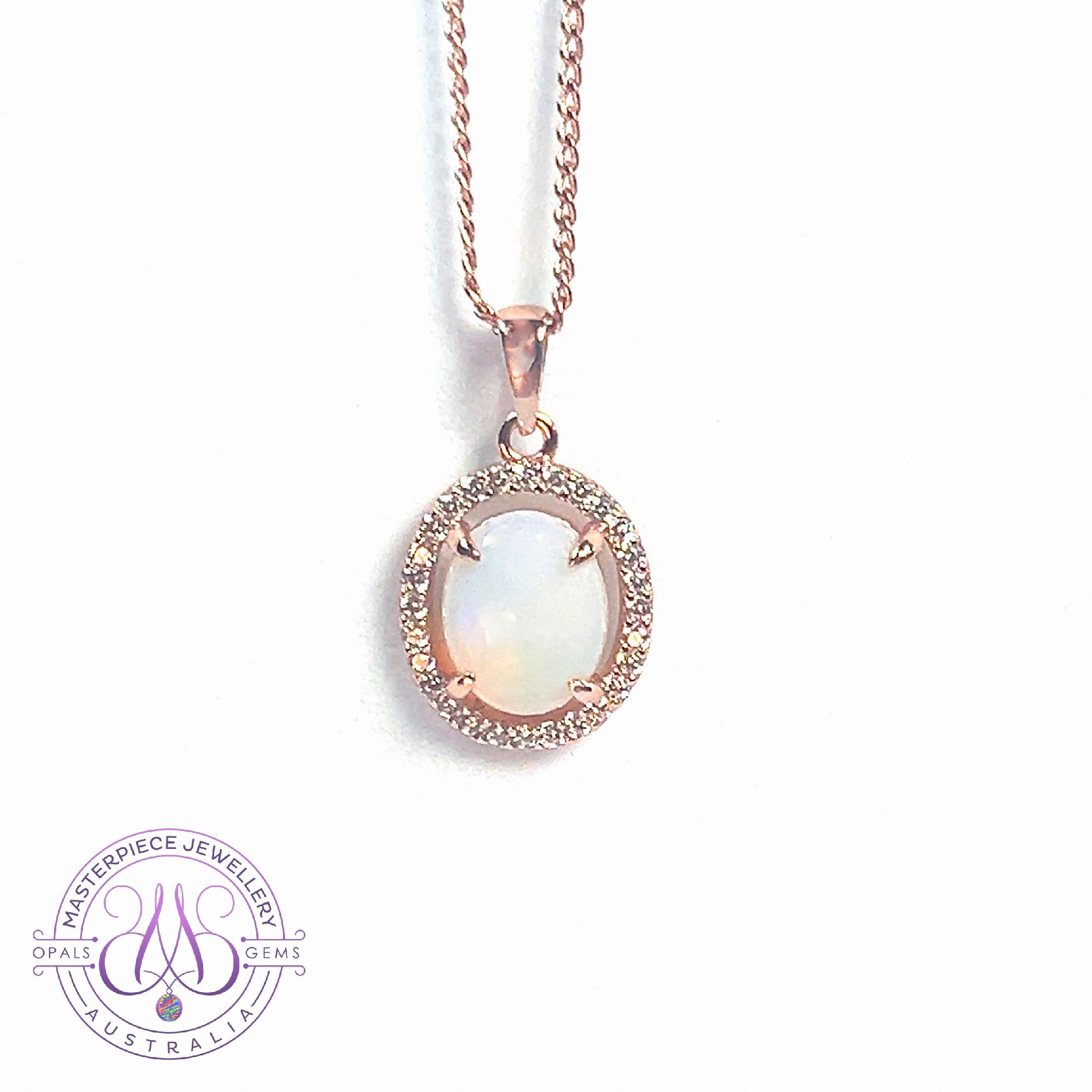 Rose Gold plated Halo 10x8mm White Opal silver pendant