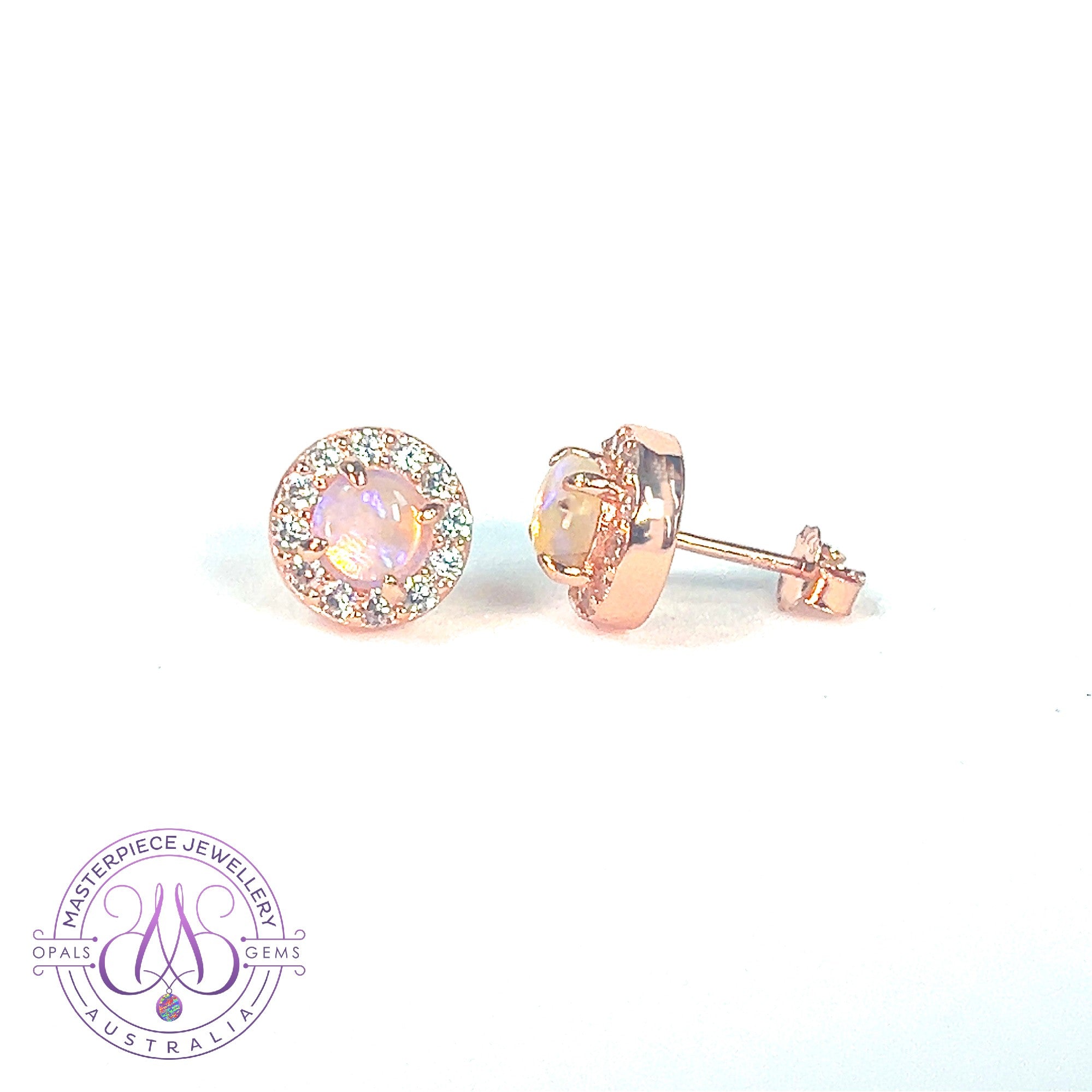 Rose Gold plated Sterling Silver 5mm Light Opal halo stud earrings