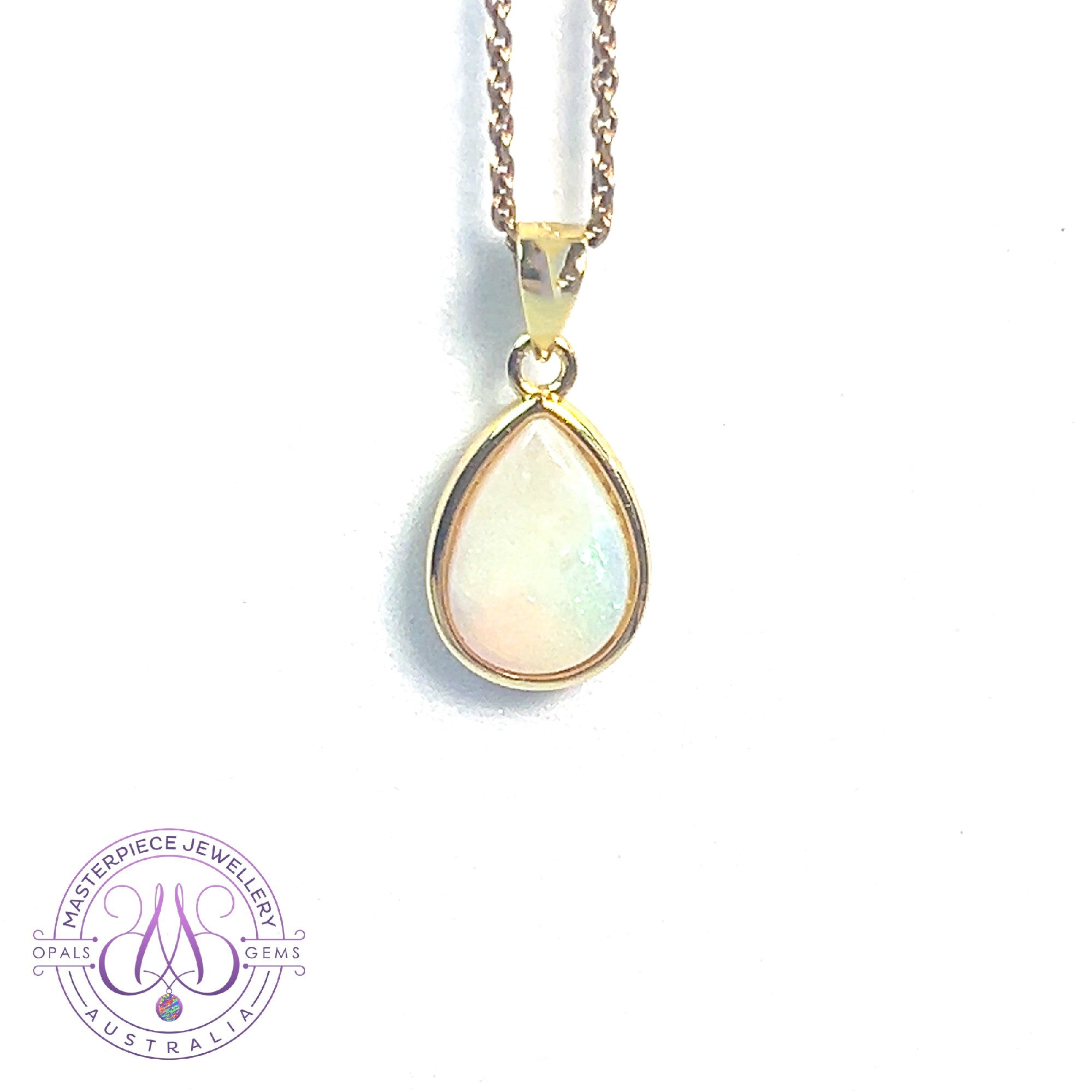 Gold plated Sterling Silver 10x7mm White opal bezel set pendant