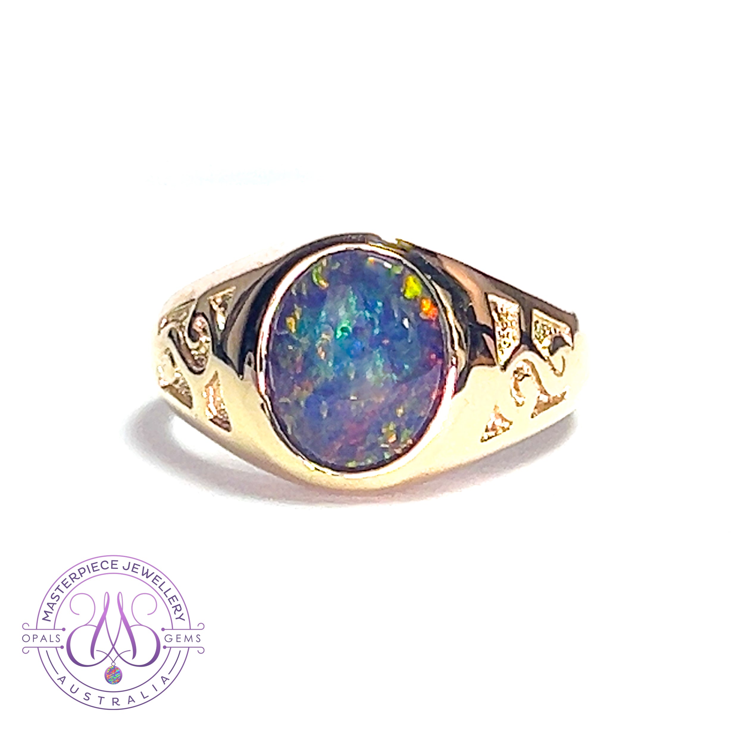 9kt Yellow Gold 12x10mm Opal triplet signet patterned ring - Masterpiece Jewellery Opal & Gems Sydney Australia | Online Shop