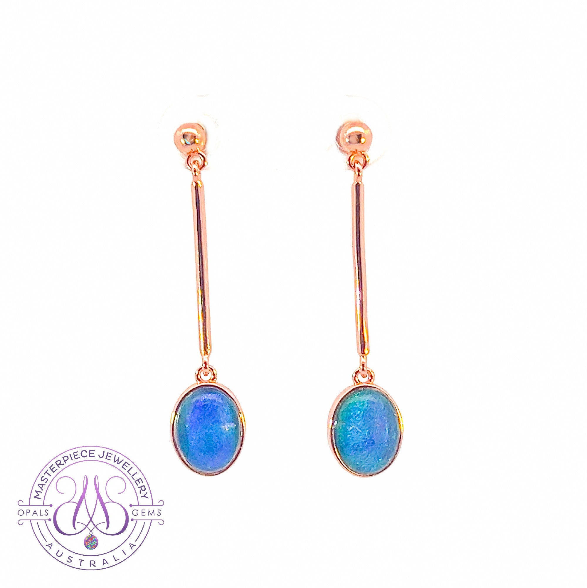 Rose Gold Plated 9x7mm Opal triplet dangling bezel set earrings