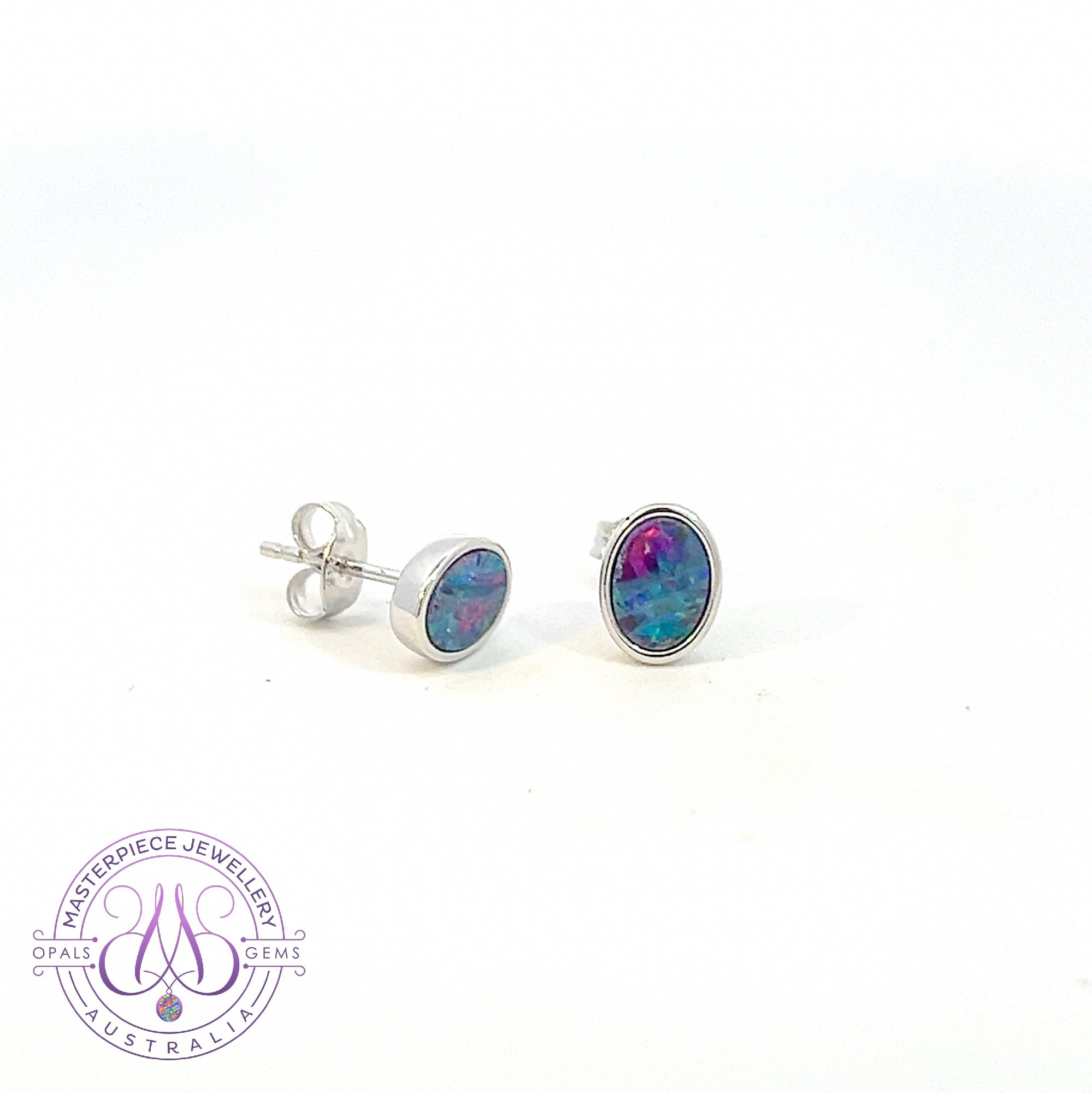 Sterling Silver Opal studs 8x6mm bezel set